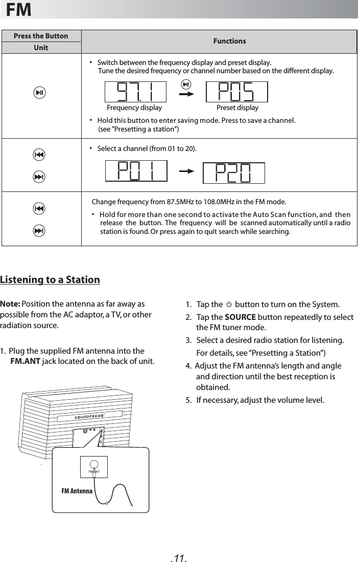 .11.FM1.   Tap the       button to turn on the System. 2.   Tap the SOURCE button repeatedly to select the FM tuner mode.3.   Select a desired radio station for listening.       For details, see “Presetting a Station”)4.  Adjust the FM antenna’s length and angle and direction until the best reception is obtained.5.   If necessary, adjust the volume level.Listening to a StationNote: Position the antenna as far away as possible from the AC adaptor, a TV, or other radiation source. 1.  Plug the supplied FM antenna into the FM.ANT jack located on the back of unit. Press the Button FunctionsUnit•   Hold this button to enter saving mode. Press to save a channel. (see &quot;Presetting a station”)•   Switch between the frequency display and preset display.Tune the desired frequency or channel number based on the different display.•   Select a channel (from 01 to 20).Change frequency from 87.5MHz to 108.0MHz in the FM mode.•   Hold for more than one second to activate the Auto Scan function, and  then  release  the  button.  The  frequency  will  be  scanned automatically until a radio station is found. Or press again to quit search while searching.Frequency display  Preset displayFM Antenna