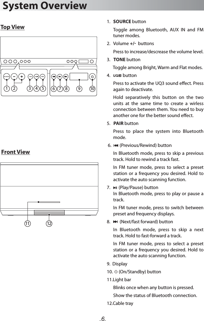 .6.System OverviewFront ViewTop View11 121.   SOURCE button  Toggle  among  Bluetooth,  AUX  IN  and  FM tuner modes.2.  Volume +/-  buttons Press to increase/descrease the volume level. 3.   TONE button      Toggle among Bright, Warm and Flat modes.  4.            button  Press to activate the UQ3 sound eect. Press again to deactivate.   Hold  separatively  this  button  on  the  two units  at  the  same  time  to  create  a  wirless connection between them. You need to buy another one for the better sound eect. 5.   PAIR button  Press  to  place  the  system  into  Bluetooth mode. 6.        (Previous/Rewind) button  In Bluetooth mode, press to skip a previous track. Hold to rewind a track fast.  In  FM  tuner  mode,  press  to  select  a  preset station  or a frequency  you desired.  Hold  to activate the auto scanning function.               7.        (Play/Pause) button In Bluetooth mode, press to play or pause a track.    In FM tuner mode, press to switch between preset and frequency displays.8.         (Next/fast forward) button  In  Bluetooth  mode,  press  to  skip  a  next track. Hold to fast-forward a track.  In  FM  tuner  mode,  press  to  select  a  preset station  or a frequency  you desired.  Hold  to activate the auto scanning function.9.  Display10.      (On/Standby) button11.Light bar  Blinks once when any button is pressed.  Show the status of Bluetooth connection.12.Cable tray1 2 3 4 56 7 8 9 10