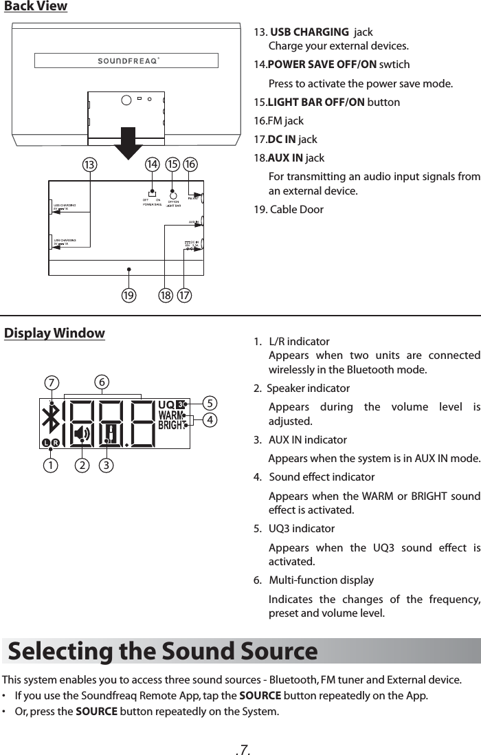 .7.Back View14 15171619 18137113. USB CHARGING  jackCharge your external devices.14.POWER SAVE OFF/ON swtich Press to activate the power save mode.15.LIGHT BAR OFF/ON button16.FM jack17.DC IN jack18.AUX IN jack  For transmitting an audio input signals from an external device.19. Cable Door 1.   L/R indicatorAppears  when  two  units  are  connected wirelessly in the Bluetooth mode. 2.  Speaker indicator Appears  during  the  volume  level  is  adjusted.3.  AUX IN indicator        Appears when the system is in AUX IN mode.4.   Sound eect indicator  Appears  when  the WARM  or  BRIGHT  sound eect is activated.5.  UQ3 indicator  Appears  when  the  UQ3  sound  eect  is activated.6.   Multi-function display     Indicates  the  changes  of  the  frequency, preset and volume level.Display Window2 3645Selecting the Sound SourceThis system enables you to access three sound sources - Bluetooth, FM tuner and External device.•    If you use the Soundfreaq Remote App, tap the SOURCE button repeatedly on the App.•    Or, press the SOURCE button repeatedly on the System.