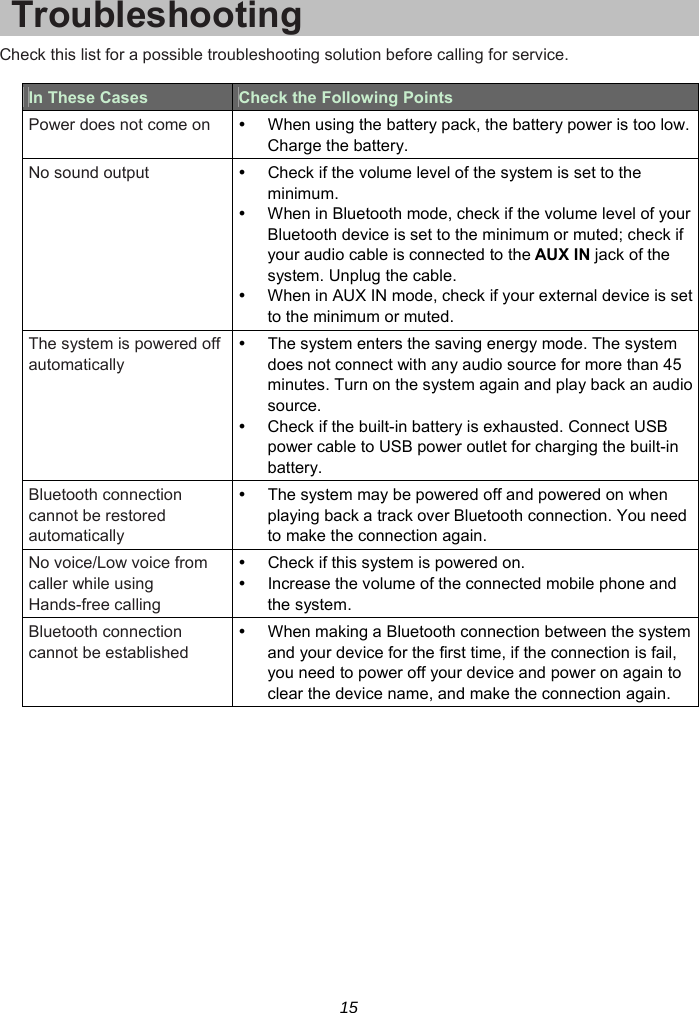 15 Troubleshooting Check this list for a possible troubleshooting solution before calling for service.  In These Cases  Check the Following Points Power does not come on    When using the battery pack, the battery power is too low. Charge the battery. No sound output    Check if the volume level of the system is set to the minimum.   When in Bluetooth mode, check if the volume level of your Bluetooth device is set to the minimum or muted; check if your audio cable is connected to the AUX IN jack of the system. Unplug the cable.   When in AUX IN mode, check if your external device is set to the minimum or muted. The system is powered off automatically   The system enters the saving energy mode. The system does not connect with any audio source for more than 45 minutes. Turn on the system again and play back an audio source.   Check if the built-in battery is exhausted. Connect USB power cable to USB power outlet for charging the built-in battery. Bluetooth connection cannot be restored automatically   The system may be powered off and powered on when playing back a track over Bluetooth connection. You need to make the connection again. No voice/Low voice from caller while using Hands-free calling   Check if this system is powered on.   Increase the volume of the connected mobile phone and the system. Bluetooth connection cannot be established   When making a Bluetooth connection between the system and your device for the first time, if the connection is fail, you need to power off your device and power on again to clear the device name, and make the connection again.   