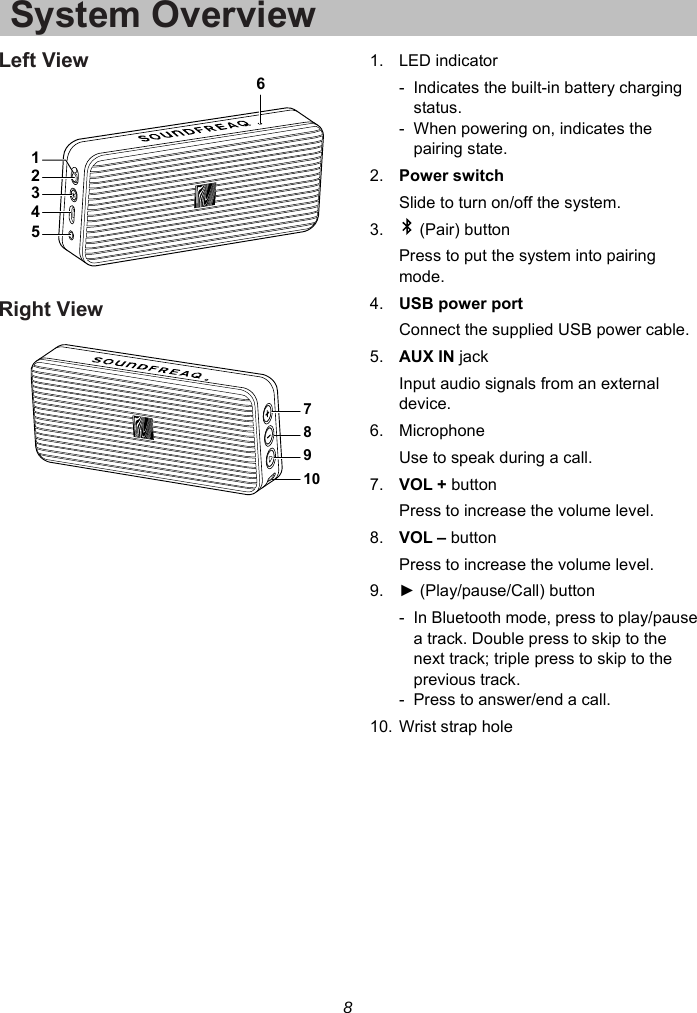 8 System OverviewLeft View   Right View   1. LED indicator -  Indicates the built-in battery charging status. -  When powering on, indicates the pairing state. 2.  Power switch Slide to turn on/off the system. 3.   (Pair) button Press to put the system into pairing mode. 4.  USB power port Connect the supplied USB power cable. 5.  AUX IN jack Input audio signals from an external device. 6. Microphone Use to speak during a call. 7.  VOL + button Press to increase the volume level. 8.  VOL – button Press to increase the volume level. 9.  ► (Play/pause/Call) button -  In Bluetooth mode, press to play/pause a track. Double press to skip to the next track; triple press to skip to the previous track. -  Press to answer/end a call. 10. Wrist strap hole  16234578910