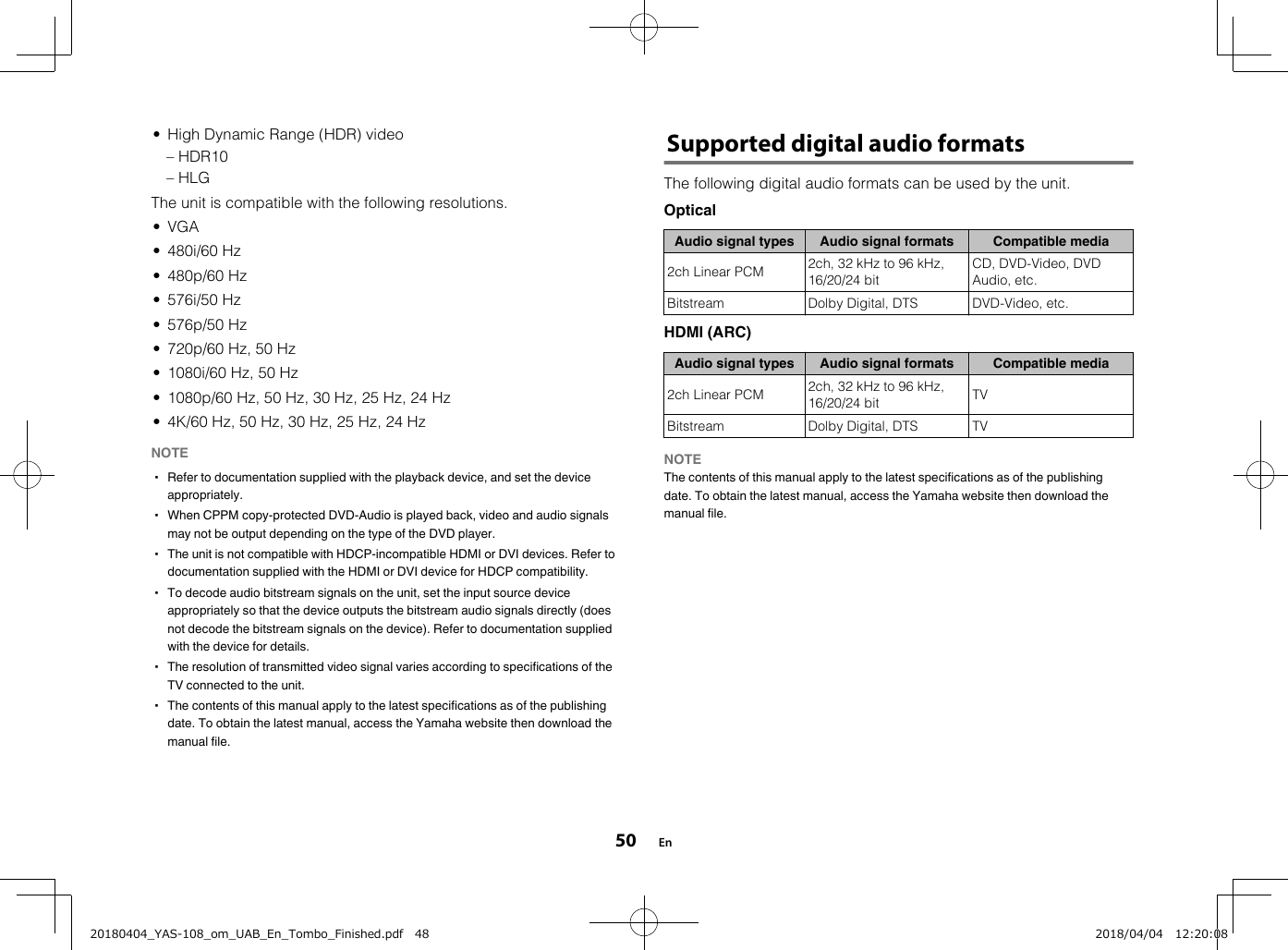 • High Dynamic Range (HDR) video– HDR10– HLGThe unit is compatible with the following resolutions.• VGA• 480i/60 Hz• 480p/60 Hz• 576i/50 Hz• 576p/50 Hz• 720p/60 Hz, 50 Hz• 1080i/60 Hz, 50 Hz• 1080p/60 Hz, 50 Hz, 30 Hz, 25 Hz, 24 Hz• 4K/60 Hz, 50 Hz, 30 Hz, 25 Hz, 24 HzNOTE▪ Refer to documentation supplied with the playback device, and set the deviceappropriately.▪ When CPPM copy-protected DVD-Audio is played back, video and audio signalsmay not be output depending on the type of the DVD player.▪ The unit is not compatible with HDCP-incompatible HDMI or DVI devices. Refer todocumentation supplied with the HDMI or DVI device for HDCP compatibility.▪ To decode audio bitstream signals on the unit, set the input source deviceappropriately so that the device outputs the bitstream audio signals directly (doesnot decode the bitstream signals on the device). Refer to documentation suppliedwith the device for details.▪ The resolution of transmitted video signal varies according to specifications of theTV connected to the unit.▪ The contents of this manual apply to the latest specifications as of the publishingdate. To obtain the latest manual, access the Yamaha website then download themanual file.Supported digital audio formatsThe following digital audio formats can be used by the unit.OpticalAudio signal types Audio signal formats Compatible media2ch Linear PCM 2ch, 32 kHz to 96 kHz,16/20/24 bitCD, DVD-Video, DVDAudio, etc.Bitstream Dolby Digital, DTS DVD-Video, etc.HDMI (ARC)Audio signal types Audio signal formats Compatible media2ch Linear PCM 2ch, 32 kHz to 96 kHz,16/20/24 bit TVBitstream Dolby Digital, DTS TVNOTEThe contents of this manual apply to the latest specifications as of the publishingdate. To obtain the latest manual, access the Yamaha website then download themanual file. En5020180404_YAS-108_om_UAB_En_Tombo_Finished.pdf   48 2018/04/04   12:20:08