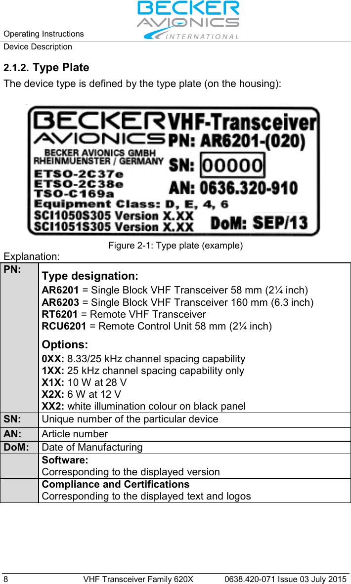 Operating Instructions   Device Description  8  VHF Transceiver Family 620X 0638.420-071 Issue 03 July 2015 2.1.2. Type Plate The device type is defined by the type plate (on the housing):   Figure 2-1: Type plate (example) Explanation: PN: Type designation:  AR6201 = Single Block VHF Transceiver 58 mm (2¼ inch) AR6203 = Single Block VHF Transceiver 160 mm (6.3 inch) RT6201 = Remote VHF Transceiver RCU6201 = Remote Control Unit 58 mm (2¼ inch) Options: 0XX: 8.33/25 kHz channel spacing capability 1XX: 25 kHz channel spacing capability only X1X: 10 W at 28 V X2X: 6 W at 12 V XX2: white illumination colour on black panel SN: Unique number of the particular device AN: Article number DoM: Date of Manufacturing  Software: Corresponding to the displayed version  Compliance and Certifications Corresponding to the displayed text and logos   