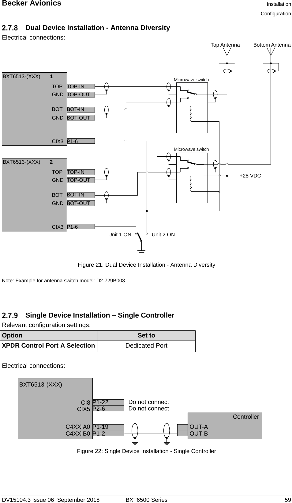 Becker Avionics  Installation Configuration  DV15104.3 Issue 06  September 2018 BXT6500 Series 59  Dual Device Installation - Antenna Diversity Electrical connections:  Figure 21: Dual Device Installation - Antenna Diversity  Note: Example for antenna switch model: D2-729B003.     Single Device Installation – Single Controller Relevant configuration settings: Option Set to XPDR Control Port A Selection Dedicated Port   Electrical connections:  Figure 22: Single Device Installation - Single Controller   TOPGNDBOTGNDTOP-INTOP-OUTBOT-INBOT-OUTCIX3 P1-6Top AntennaMicrowave switchMicrowave switchUnit 1 ON Unit 2 ONBottom Antenna+28 VDCBXT6513-(XXX) 1TOPGNDBOTGNDTOP-INTOP-OUTBOT-INBOT-OUTCIX3 P1-6BXT6513-(XXX) 2CI8CIX5C4XXIA0C4XXIB0 P1-19P1-2P1-22P2-6OUT-AOUT-BBXT6513-(XXX)ControllerDo not connectDo not connect