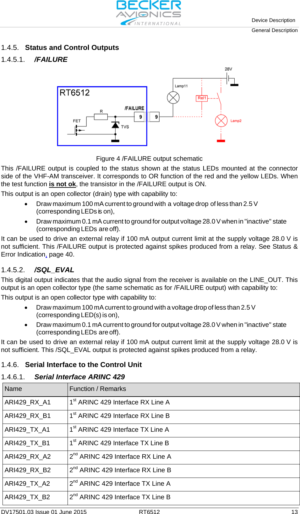   Device Description General Description  DV17501.03 Issue 01 June 2015 RT6512 13 1.4.5. Status and Control Outputs 1.4.5.1. /FAILURE  Figure 4 /FAILURE output schematic This /FAILURE output is coupled to the status shown at the status LEDs mounted at the connector side of the VHF-AM transceiver. It corresponds to OR function of the red and the yellow LEDs. When the test function is not ok, the transistor in the /FAILURE output is ON. This output is an open collector (drain) type with capability to: •  Draw maximum 100 mA current to ground with a voltage drop of less than 2.5 V (corresponding LEDs is  on), •  Draw maximum 0.1 mA current to ground for output voltage 28.0 V when in &quot;inactive&quot; state (corresponding LEDs are off).  It can be used to drive an external relay if 100 mA output current limit at the supply voltage 28.0 V is not sufficient. This /FAILURE output is protected against spikes produced from a relay. See Status &amp; Error Indication, page 40.   1.4.5.2. /SQL_EVAL This digital output indicates that the audio signal from the receiver is available on the LINE_OUT. This output is an open collector type (the same schematic as for /FAILURE output) with capability to: This output is an open collector type with capability to: •  Draw maximum 100 mA current to ground with a voltage drop of less than 2.5 V (corresponding LED(s) is on), •  Draw maximum 0.1 mA current to ground for output voltage 28.0 V when in &quot;inactive&quot; state (corresponding LEDs are off).  It can be used to drive an external relay if 100 mA output current limit at the supply voltage 28.0 V is not sufficient. This /SQL_EVAL output is protected against spikes produced from a relay.  1.4.6. Serial Interface to the Control Unit 1.4.6.1. Serial Interface ARINC 429 Name Function / Remarks ARI429_RX_A1 1st ARINC 429 Interface RX Line A ARI429_RX_B1 1st ARINC 429 Interface RX Line B ARI429_TX_A1 1st ARINC 429 Interface TX Line A ARI429_TX_B1 1st ARINC 429 Interface TX Line B ARI429_RX_A2 2nd ARINC 429 Interface RX Line A ARI429_RX_B2 2nd ARINC 429 Interface RX Line B ARI429_TX_A2 2nd ARINC 429 Interface TX Line A ARI429_TX_B2 2nd ARINC 429 Interface TX Line B  