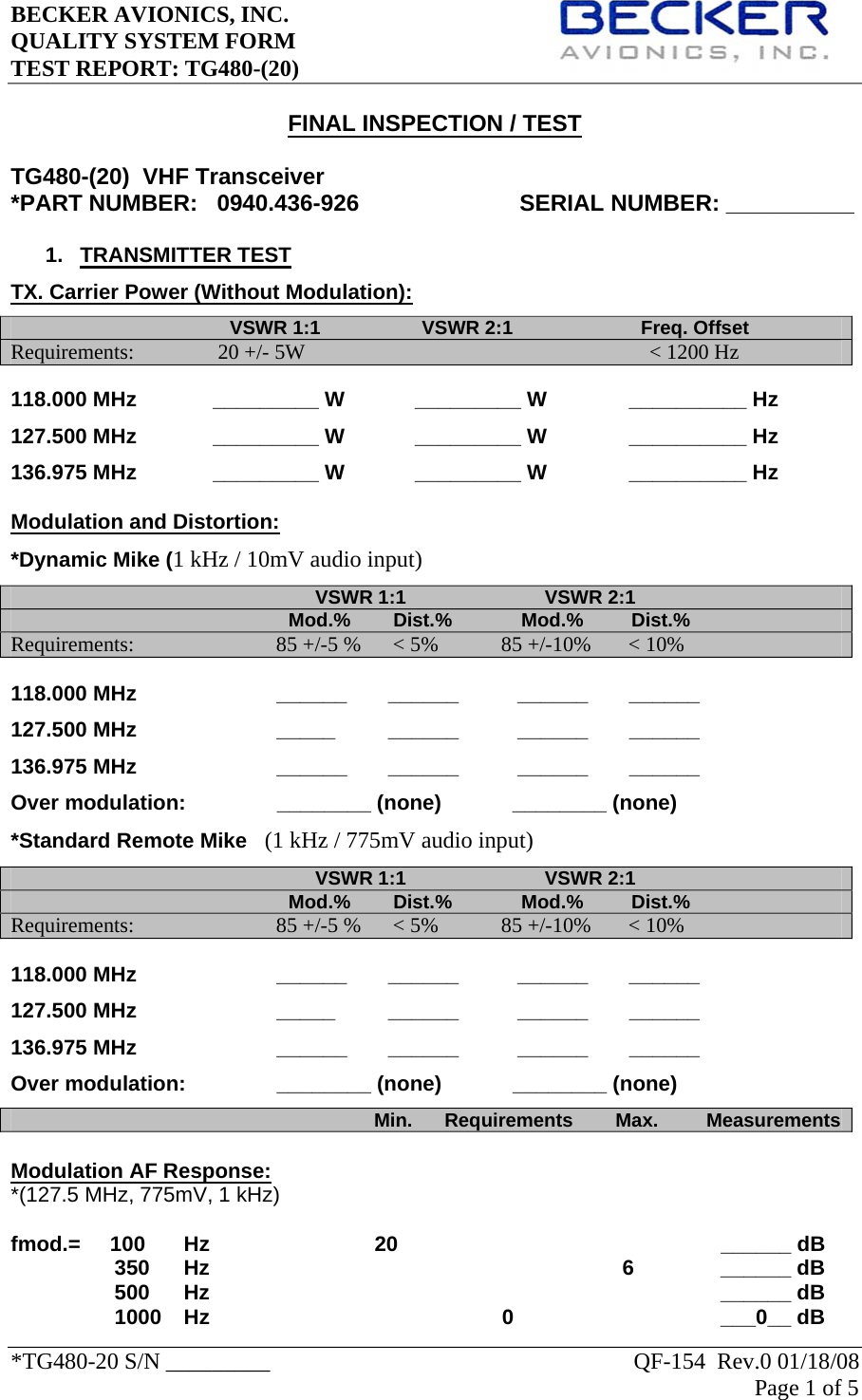 BECKER AVIONICS, INC.     QUALITY SYSTEM FORM TEST REPORT: TG480-(20)   *TG480-20 S/N _________                                                               QF-154  Rev.0 01/18/08 Page 1 of 5    FINAL INSPECTION / TEST  TG480-(20)  VHF Transceiver *PART NUMBER:   0940.436-926                         SERIAL NUMBER: __________                            1.  TRANSMITTER TEST TX. Carrier Power (Without Modulation):                                          VSWR 1:1                   VSWR 2:1                        Freq. Offset       Requirements:               20 +/- 5W                                             &lt; 1200 Hz  118.000 MHz             _________ W            _________ W              __________ Hz   127.500 MHz             _________ W            _________ W              __________ Hz   136.975 MHz             _________ W            _________ W              __________ Hz  Modulation and Distortion:   *Dynamic Mike (1 kHz / 10mV audio input)                                                          VSWR 1:1                          VSWR 2:1                                                                                         Mod.%        Dist.%             Mod.%         Dist.%             Requirements:                          85 +/-5 %      &lt; 5%     85 +/-10%       &lt; 10% 118.000 MHz                ______       ______          ______       ______  127.500 MHz        _____         ______          ______       ______  136.975 MHz        ______       ______          ______       ______  Over modulation:            ________ (none)     ________ (none)             *Standard Remote Mike   (1 kHz / 775mV audio input)                                                          VSWR 1:1                          VSWR 2:1                                                                                         Mod.%        Dist.%             Mod.%         Dist.%             Requirements:                          85 +/-5 %      &lt; 5%     85 +/-10%       &lt; 10% 118.000 MHz                ______       ______          ______       ______  127.500 MHz        _____         ______          ______       ______  136.975 MHz        ______       ______          ______       ______  Over modulation:            ________ (none)     ________ (none)                                                                         Min.      Requirements        Max.         Measurements Modulation AF Response: *(127.5 MHz, 775mV, 1 kHz)  fmod.=     100    Hz     20         ______ dB 350     Hz     6     ______ dB 500    Hz         ______ dB 1000   Hz              0       ___0__ dB 