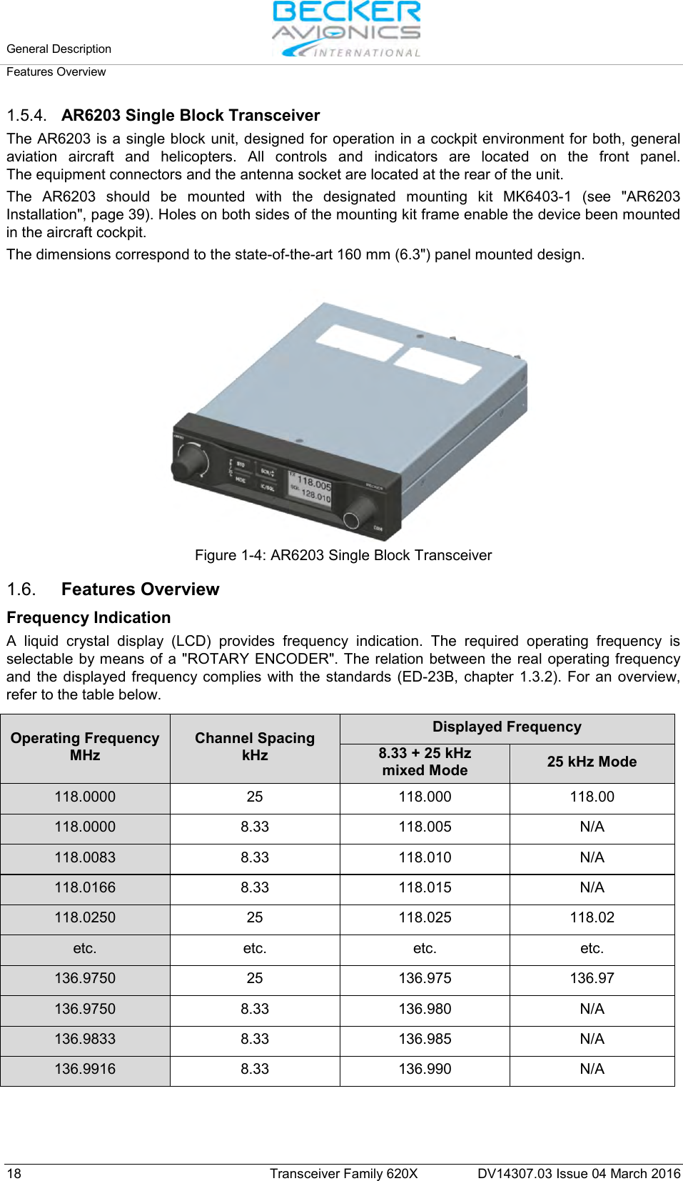 General Description   Features Overview  18 Transceiver Family 620X DV14307.03 Issue 04 March 2016 1.5.4. AR6203 Single Block Transceiver The AR6203 is a single block unit, designed for operation in a cockpit environment for both, general aviation aircraft and helicopters. All controls and indicators are located on the front panel.  The equipment connectors and the antenna socket are located at the rear of the unit. The AR6203 should be mounted with the designated mounting kit MK6403-1 (see  &quot;AR6203 Installation&quot;, page 39). Holes on both sides of the mounting kit frame enable the device been mounted in the aircraft cockpit. The dimensions correspond to the state-of-the-art 160 mm (6.3&quot;) panel mounted design.   Figure 1-4: AR6203 Single Block Transceiver  1.6. Features Overview Frequency Indication A liquid crystal display (LCD) provides frequency indication. The required operating frequency is selectable by means of a &quot;ROTARY ENCODER&quot;. The relation between the real operating frequency and the displayed frequency complies with the standards (ED-23B, chapter 1.3.2). For an overview, refer to the table below.  Operating Frequency MHz Channel Spacing  kHz Displayed Frequency 8.33 + 25 kHz  mixed Mode 25 kHz Mode 118.0000 25 118.000 118.00 118.0000 8.33 118.005 N/A 118.0083 8.33 118.010 N/A 118.0166 8.33 118.015 N/A 118.0250 25 118.025 118.02 etc. etc. etc. etc. 136.9750 25 136.975 136.97 136.9750 8.33 136.980 N/A 136.9833 8.33 136.985 N/A 136.9916 8.33 136.990 N/A    