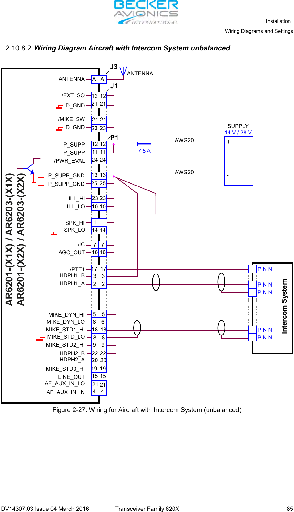   Installation Wiring Diagrams and Settings  DV14307.03 Issue 04 March 2016 Transceiver Family 620X 85 2.10.8.2. Wiring Diagram Aircraft with Intercom System unbalanced  AR6201-(X1X) / AR6203-(X1X)AR6201-(X2X) / AR6203-(X2X)ANTENNAJ3J1P1ANTENNA/EXT_SOD_GND/MIKE_SWD_GNDHDPH1_BHDPH1_AP_SUPPP_SUPP_GNDP_SUPP_GNDILL_HIILL_LOSPK_HISPK_LO/ICAGC_OUT/PTT1P_SUPP/PWR_EVALAA23 2325 2510 101 114 147 716 1612 1221 2123 2317 1712 1211 1124 243 32 25 56 618 18889 92222202019 19151521MIKE_DYN_LOMIKE_DYN_HIMIKE_STD1_HIMIKE_STD_LOMIKE_STD2_HIMIKE_STD3_HILINE_OUTAF_AUX_IN_LOAF_AUX_IN_INHDPH2_BHDPH2_A2144131324 24+-SUPPLY14 V / 28 VIntercom SystemAWG207.5 AAWG20PIN NPIN NPIN NPIN NPIN N Figure 2-27: Wiring for Aircraft with Intercom System (unbalanced)  