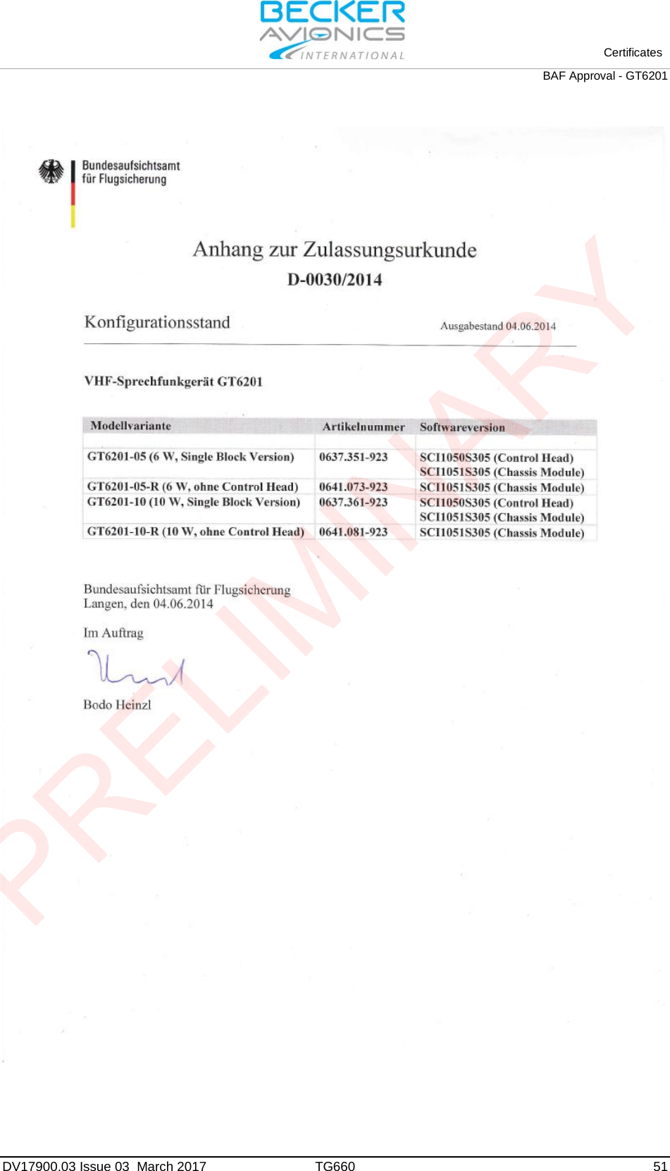 Certificates BAF Approval - GT6201 DV17900.03 Issue 03  March 2017 TG660 51 PRELIMINARY