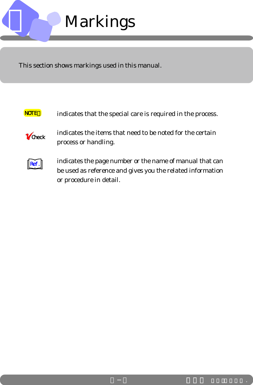 ＡＡ−７ ＩＤＳ Ｃｏ．，Ｌｔｄ .MarkingsThis section shows markings used in this manual.Check Ref.NOTE！ indicates that the special care is required in the process.indicates the items that need to be noted for the certainprocess or handling.indicates the page number or the name of manual that canbe used as reference and gives you the related informationor procedure in detail.