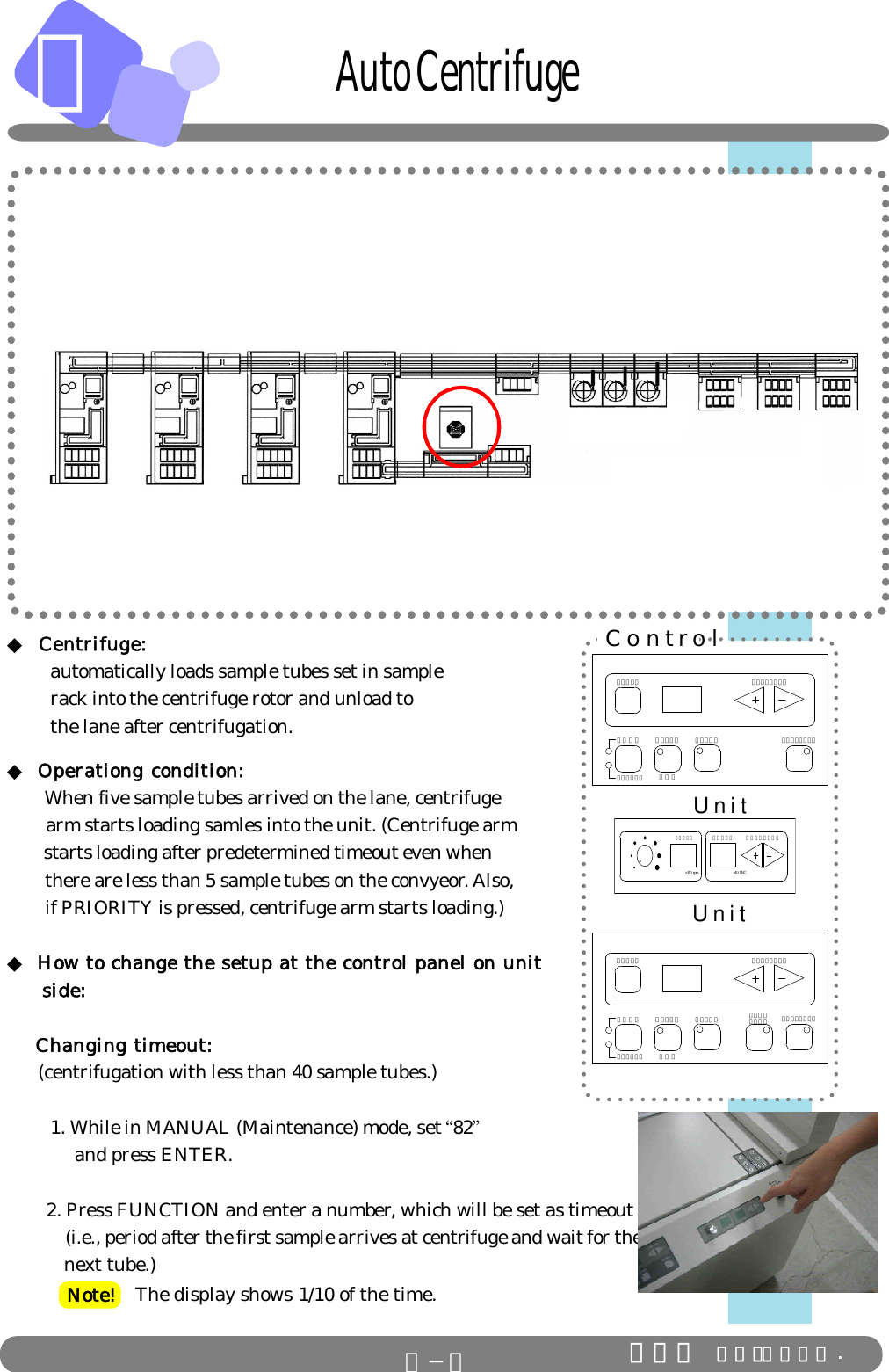 ＣAuto Centrifuge◆ Centrifuge:         automatically loads sample tubes set in sample         rack into the centrifuge rotor and unload to         the lane after centrifugation.◆ Operationg condition:        When five sample tubes arrived on the lane, centrifuge        arm starts loading samles into the unit. (Centrifuge arm        starts loading after predetermined timeout even when        there are less than 5 sample tubes on the convyeor. Also,        if PRIORITY is pressed, centrifuge arm starts loading.)◆ How to change the setup at the control panel on unit     side:    Changing timeout:      (centrifugation with less than 40 sample tubes.)         1. While in MANUAL (Maintenance) mode, set “82”             and press ENTER.        2. Press FUNCTION and enter a number, which will be set as timeout             (i.e., period after the first sample arrives at centrifuge and wait for the           next tube.)U n i tU n i tＴＩＭ ＥＲ ＦＵＮＣＴＩＯＮＳＰＥ ＥＤ×100 rpm ×10 SEC.C o n t r o lＥＮＴＥＲＡＵＴＯＭＡＮＵＡＬ ＲＵＮＡＬＡＲＭＰＡＵＳＥＦＵＮＣＴＩＯＮＲＡＣＫＬＯＡＤＰＲＩＯＲＩＴＹＥＮＴＥＲＡＵＴＯＭＡＮＵＡＬ ＲＵＮＡＬＡＲＭＰＡＵＳＥＦＵＮＣＴＩＯＮＲＡＣＫＬＯＡＤＰＲＩＯＲＩＴＹ        Note!   The display shows 1/10 of the time.Ｃ−３ ＩＤＳ Ｃｏ．，Ｌｔｄ .