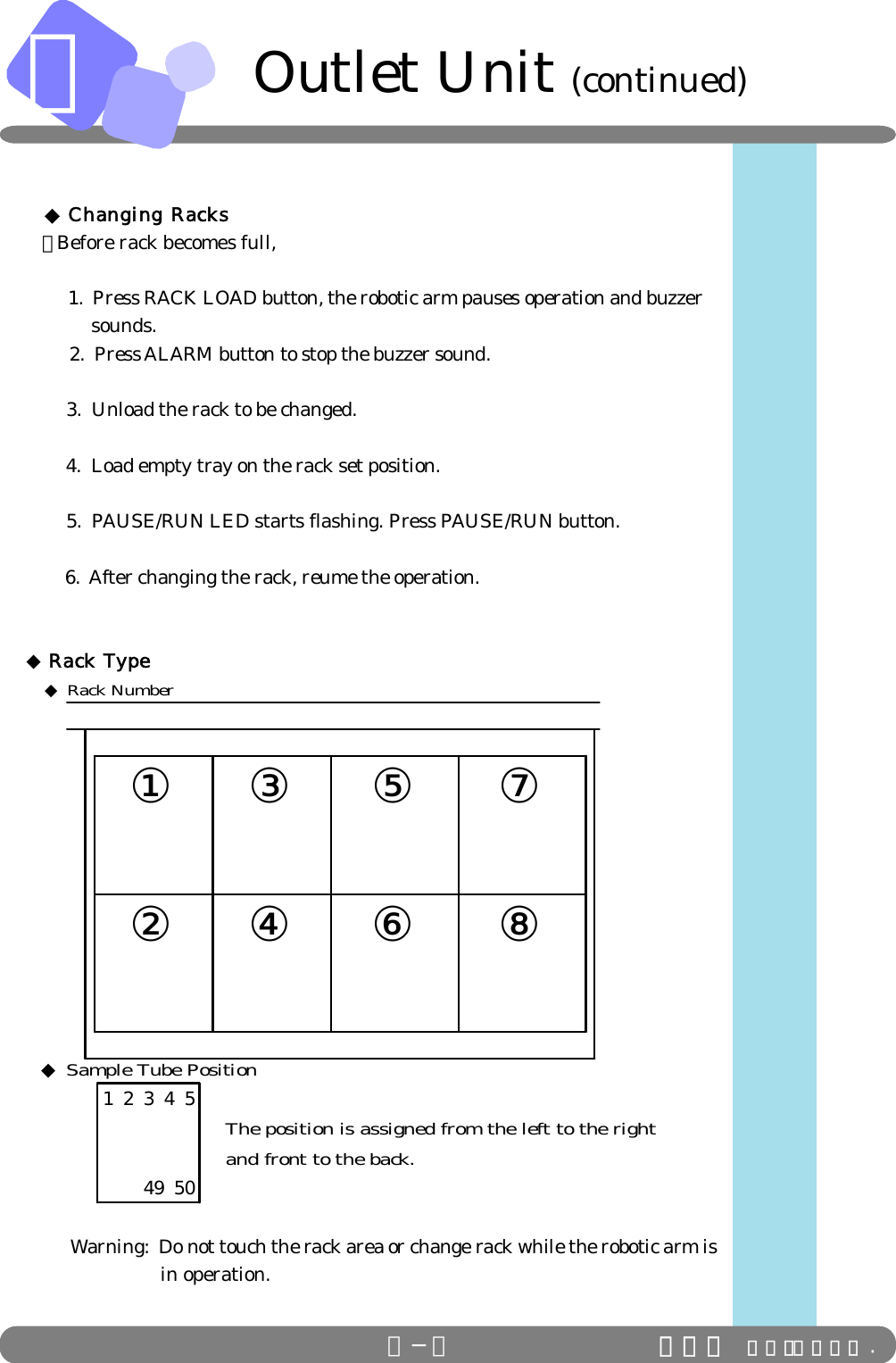 Ｃ  ◆Changing Racks ・Before rack becomes full,        1.  Press RACK LOAD button, the robotic arm pauses operation and buzzer            sounds.      2.  Press ALARM button to stop the buzzer sound.        3.  Unload the rack to be changed.        4.  Load empty tray on the rack set position.        5.  PAUSE/RUN LED starts flashing. Press PAUSE/RUN button.        6.  After changing the rack, reume the operation.◆Rack Type     Warning:  Do not touch the rack area or change rack while the robotic arm is                         in operation.  Outlet Unit (continued)Ｃ−９ ＩＤＳ Ｃｏ．，Ｌｔｄ .Sample Tube Position◆1 2 3 4 5The position is assigned from the left to the rightand front to the back.49 50Rack Number◆① ③ ⑤ ⑦② ④ ⑥ ⑧