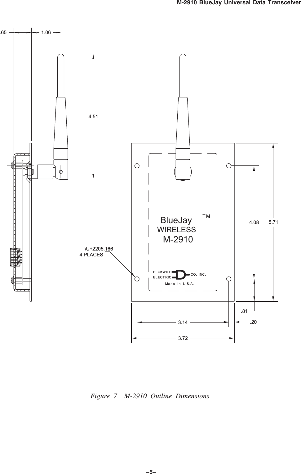 &ndash;5&ndash;M-2910 BlueJay Universal Data TransceiverFigure 7 M-2910 Outline DimensionsMade in U.S.A.4.51\U+2205.1664 PLACES.65 1.065.714.083.723.14 .20.81M-2910BlueJayWIRELESSTMCO. INC.ELECTRICBECKWITH