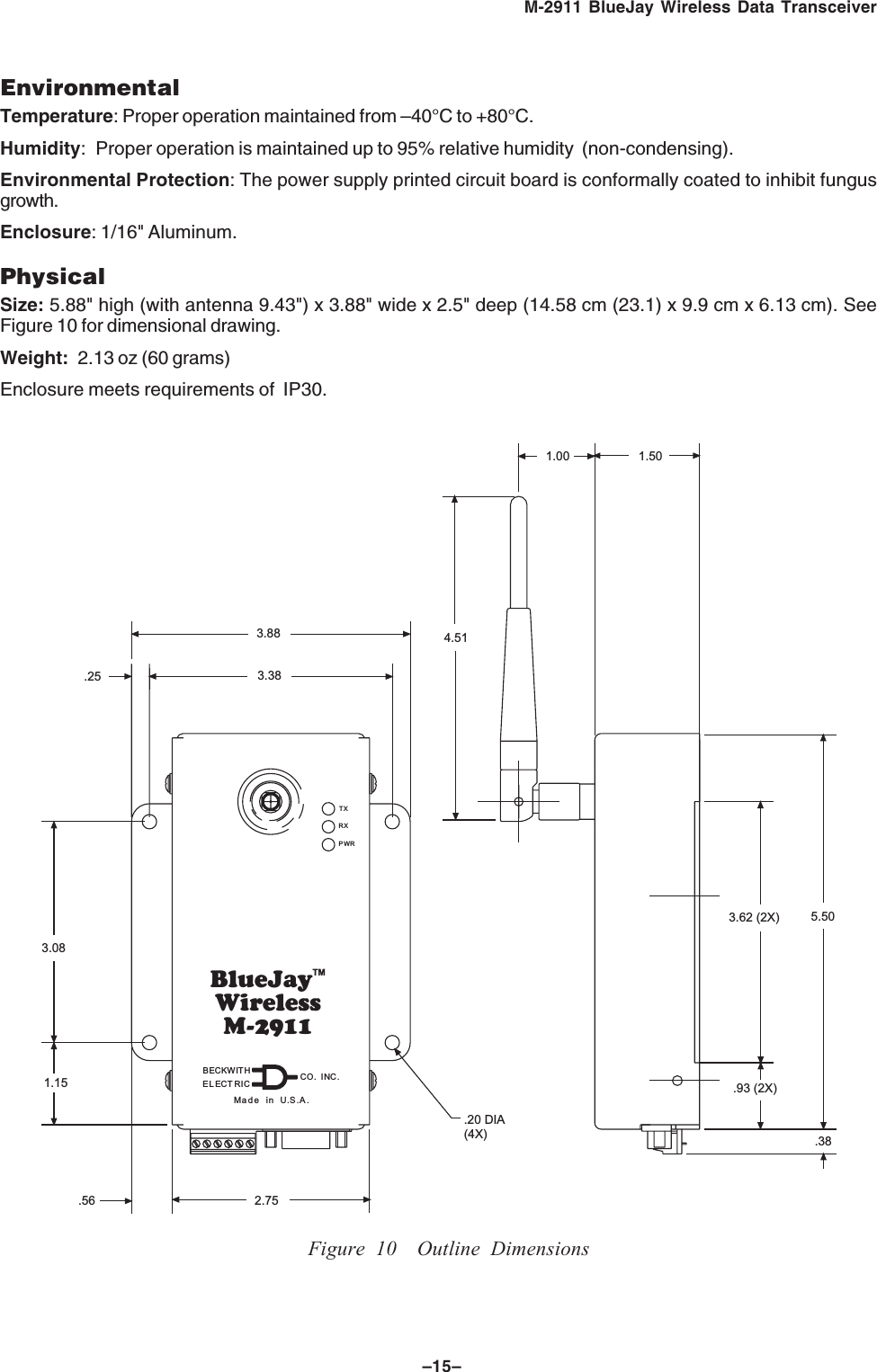 –15–M-2911 BlueJay Wireless Data TransceiverEnvironmentalTemperature: Proper operation maintained from –40°C to +80°C.Humidity: Proper operation is maintained up to 95% relative humidity (non-condensing).Environmental Protection: The power supply printed circuit board is conformally coated to inhibit fungusgrowth.Enclosure: 1/16" Aluminum.PhysicalSize: 5.88" high (with antenna 9.43") x 3.88" wide x 2.5" deep (14.58 cm (23.1) x 9.9 cm x 6.13 cm). SeeFigure 10 for dimensional drawing.Weight: 2.13 oz (60 grams)Enclosure meets requirements of IP30.BlueJayTMWirelessM-2911Made in U.S.A..25PWRRXTX1.152.753.083.383.88.93 (2X).381.003.62 (2X) 5.501.504.51.56.20 DIA(4X)CO. INC.ELECTRICBECKWITHFigure 10 Outline Dimensions