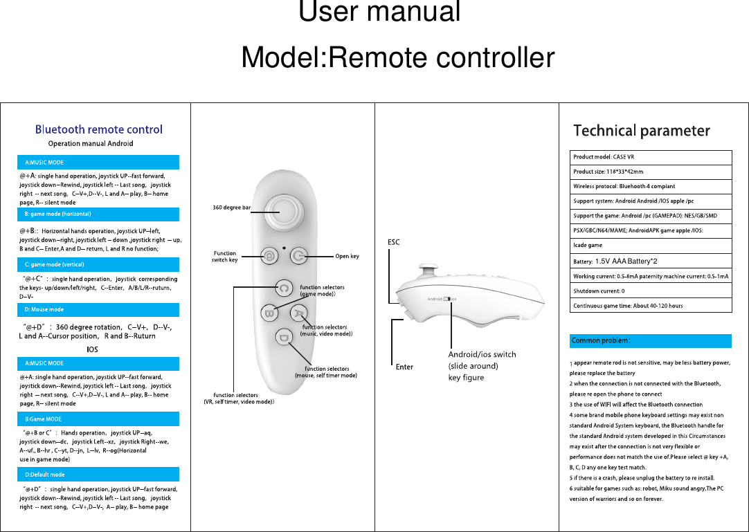 User manualModel:Remote controller1.5V AAABattery*2