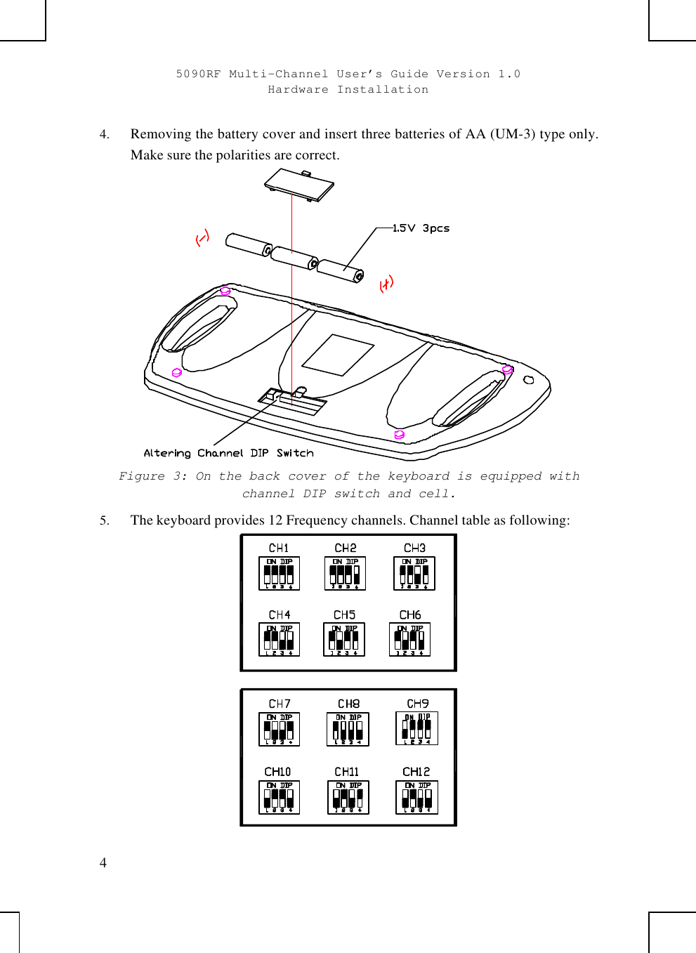 5090RF Multi-Channel User’s Guide Version 1.0Hardware Installation44.  Removing the battery cover and insert three batteries of AA (UM-3) type only.Make sure the polarities are correct.Figure 3: On the back cover of the keyboard is equipped withchannel DIP switch and cell.5.  The keyboard provides 12 Frequency channels. Channel table as following: