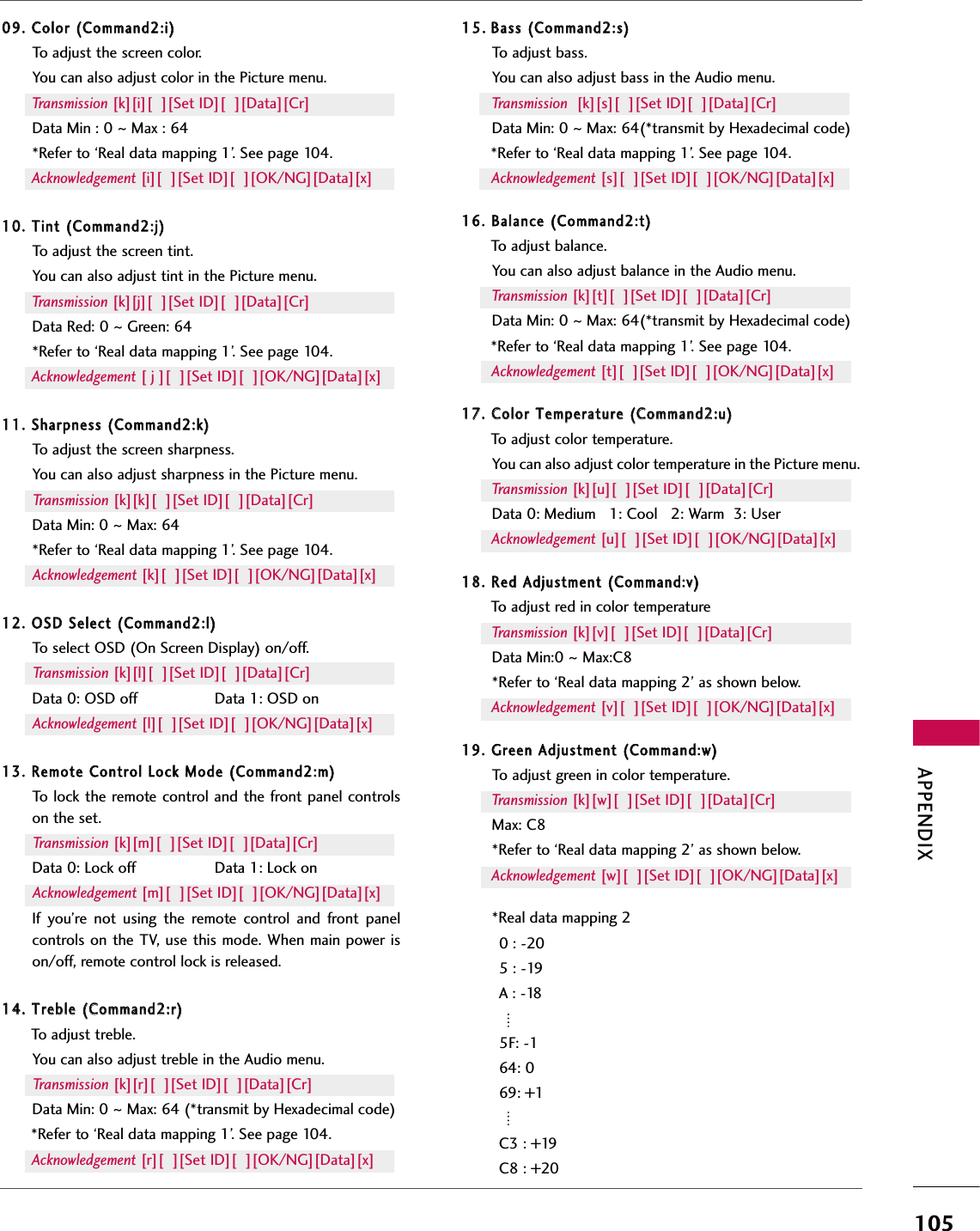 APPENDIX1050099.. CCoolloorr ((CCoommmmaanndd22::ii))To adjust the screen color.You can also adjust color in the Picture menu.Transmission [k][i][  ][Set ID][  ][Data][Cr]Data Min : 0 ~Max : 64*Refer to ‘Real data mapping 1’. See page 104.Acknowledgement [i][  ][Set ID][  ][OK/NG][Data][x]1100.. TTiinntt ((CCoommmmaanndd22::jj))To adjust the screen tint.You can also adjust tint in the Picture menu.Transmission [k][j][  ][Set ID][  ][Data][Cr]Data Red: 0 ~Green: 64*Refer to ‘Real data mapping 1’. See page 104.Acknowledgement [ j ][  ][Set ID][  ][OK/NG][Data][x]1111.. SShhaarrppnneessss ((CCoommmmaanndd22::kk))To adjust the screen sharpness.You can also adjust sharpness in the Picture menu.Transmission [k][k][  ][Set ID][  ][Data][Cr]Data Min: 0 ~Max: 64*Refer to ‘Real data mapping 1’. See page 104.Acknowledgement [k][  ][Set ID][  ][OK/NG][Data][x]1122.. OOSSDD SSeelleecctt ((CCoommmmaanndd22::ll))To select OSD (On Screen Display) on/off.Transmission [k][l][  ][Set ID][  ][Data][Cr]Data 0: OSD off Data 1: OSD onAcknowledgement [l][  ][Set ID][  ][OK/NG][Data][x]1133.. RReemmoottee CCoonnttrrooll LLoocckk MMooddee ((CCoommmmaanndd22::mm))To lock the remote control and the front panel controlson the set.Transmission [k][m][  ][Set ID][  ][Data][Cr]Data 0: Lock off Data 1: Lock onAcknowledgement [m][  ][Set ID][  ][OK/NG][Data][x]If  you’re  not  using  the  remote  control  and  front  panelcontrols on the TV, use this mode. When main power ison/off, remote control lock is released.1144.. TTrreebbllee ((CCoommmmaanndd22::rr))To adjust treble. You can also adjust treble in the Audio menu.Transmission [k][r][  ][Set ID][  ][Data][Cr]Data Min: 0 ~Max: 64 (*transmit by Hexadecimal code)*Refer to ‘Real data mapping 1’. See page 104.Acknowledgement [r][  ][Set ID][  ][OK/NG][Data][x]1155..BBaassss ((CCoommmmaanndd22::ss))To adjust bass.You can also adjust bass in the Audio menu.Transmission [k][s][  ][Set ID][  ][Data][Cr]Data Min: 0 ~Max: 64(*transmit by Hexadecimal code)*Refer to ‘Real data mapping 1’. See page 104.Acknowledgement [s][  ][Set ID][  ][OK/NG][Data][x]1166.. BBaallaannccee ((CCoommmmaanndd22::tt))To adjust balance.You can also adjust balance in the Audio menu.Transmission [k][t][  ][Set ID][  ][Data][Cr]Data Min: 0 ~Max: 64(*transmit by Hexadecimal code)*Refer to ‘Real data mapping 1’. See page 104.Acknowledgement [t][  ][Set ID][  ][OK/NG][Data][x]1177.. CCoolloorr TTeemmppeerraattuurree ((CCoommmmaanndd22::uu))To adjust color temperature.You can also adjust color temperature in the Picture menu.Transmission [k][u][  ][Set ID][  ][Data][Cr]Data 0: Medium   1: Cool   2: Warm  3: UserAcknowledgement [u][  ][Set ID][  ][OK/NG][Data][x]1188.. RReedd AAddjjuussttmmeenntt ((CCoommmmaanndd::vv))To adjust red in color temperature Transmission [k][v][  ][Set ID][  ][Data][Cr]Data Min:0 ~ Max:C8*Refer to ‘Real data mapping 2’ as shown below.Acknowledgement [v][  ][Set ID][  ][OK/NG][Data][x]1199.. GGrreeeenn AAddjjuussttmmeenntt ((CCoommmmaanndd::ww))To adjust green in color temperature.Transmission [k][w][  ][Set ID][  ][Data][Cr]Max: C8*Refer to ‘Real data mapping 2’ as shown below.Acknowledgement [w][  ][Set ID][  ][OK/NG][Data][x]*Real data mapping 20 : -205 : -19A : -185F: -164: 069: +1C3 : +19C8 : +20