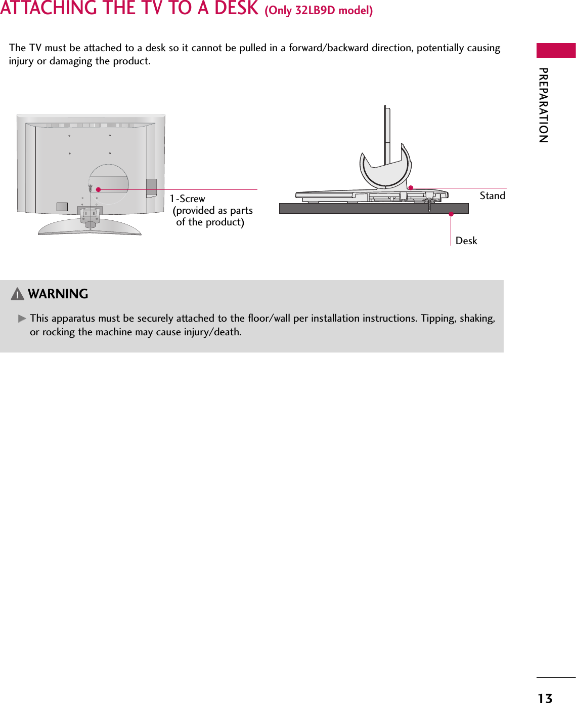 PREPARATION13ATTACHING THE TV TO A DESK (Only 32LB9D model) 1-Screw(provided as partsof the product)StandDeskThe TV must be attached to a desk so it cannot be pulled in a forward/backward direction, potentially causinginjury or damaging the product. GGThis apparatus must be securely attached to the floor/wall per installation instructions. Tipping, shaking,or rocking the machine may cause injury/death.WARNING