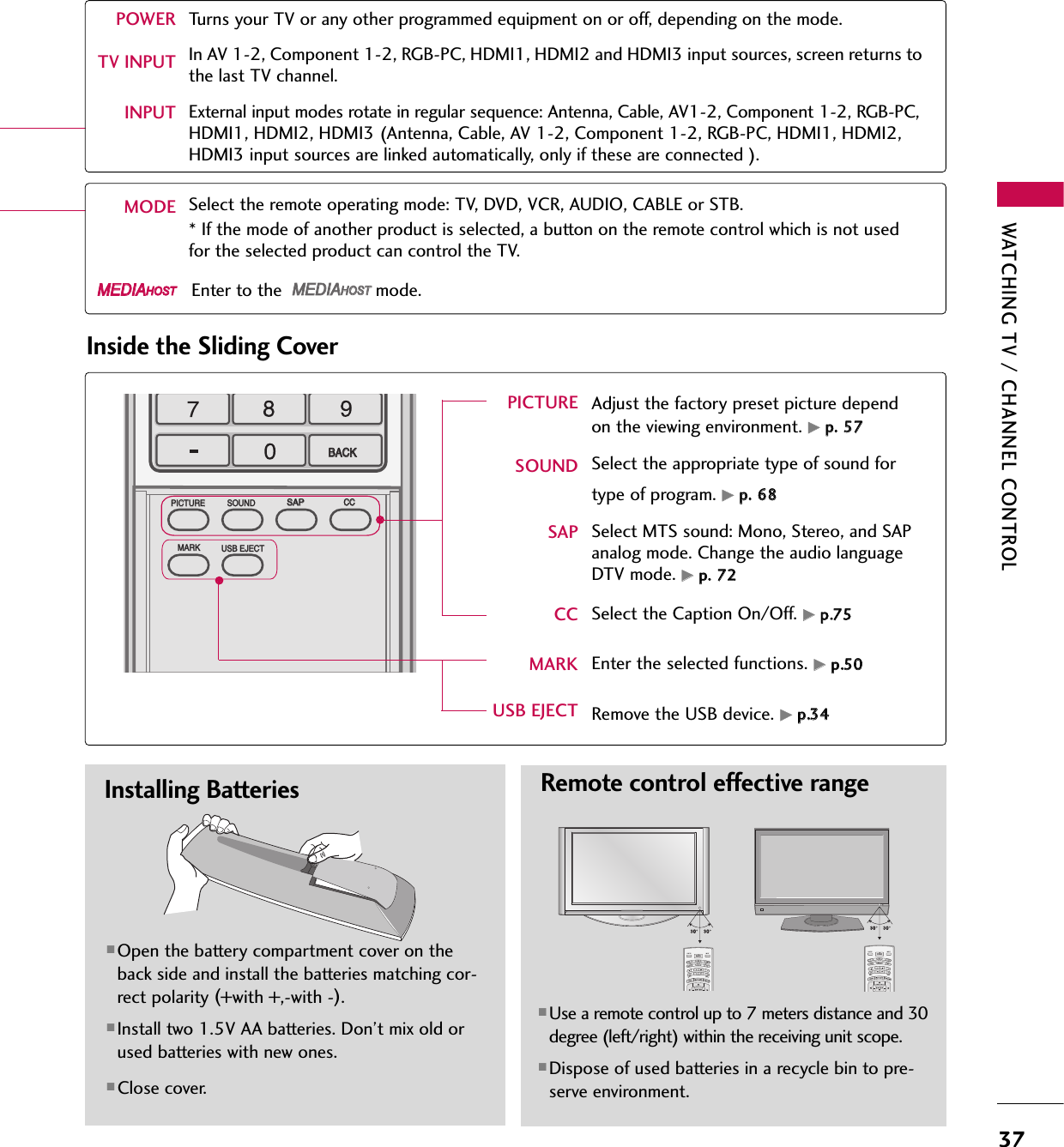 WATCHING TV / CHANNEL CONTROL37TV INPUTSTBBACKTV INPUTSTBBACKTV INPUTSTBBACKBACKPICTUREPICTURESOUNDSOUNDSAPSAPCCCCMARKMARKUSB EJECTUSB EJECTMEDIA HOSTMEDIA HOSTMEDIA HOSTInside the Sliding CoverPICTURESOUNDSAPCCMARKUSB EJECTAdjust the factory preset picture dependon the viewing environment. GGpp.. 5577Select the appropriate type of sound fortype of program. GGpp.. 6688Select MTS sound: Mono, Stereo, and SAPanalog mode. Change the audio languageDTV mode. GGpp.. 7722Select the Caption On/Off. GGpp..7755Enter the selected functions. GGpp..5500Remove the USB device. GGpp..3344Installing Batteries■Open the battery compartment cover on theback side and install the batteries matching cor-rect polarity (+with +,-with -).■Install two 1.5V AA batteries. Don’t mix old orused batteries with new ones.■Close cover.MODEDAY -DAY +LIVE TV INPUTMODEDAY -DAY +LIVE TV INPUT■Use a remote control up to 7 meters distance and 30degree (left/right) within the receiving unit scope.■Dispose of used batteries in a recycle bin to pre-serve environment.Remote control effective rangePOWERTV INPUTINPUTMODEMEDIAMEDIAMEDIAHOST HOST HOST MEDIAHOST Turns your TV or any other programmed equipment on or off, depending on the mode.In AV 1-2, Component 1-2, RGB-PC, HDMI1, HDMI2 and HDMI3 input sources, screen returns tothe last TV channel.External input modes rotate in regular sequence: Antenna, Cable, AV1-2, Component 1-2, RGB-PC,HDMI1, HDMI2, HDMI3 (Antenna, Cable, AV 1-2, Component 1-2, RGB-PC, HDMI1, HDMI2,HDMI3 input sources are linked automatically, only if these are connected ).Select the remote operating mode: TV, DVD, VCR, AUDIO, CABLE or STB. * If the mode of another product is selected, a button on the remote control which is not usedfor the selected product can control the TV.Enter to the  mode.MEDIAMEDIAHOST HOST MEDIAMEDIAHOST HOST 