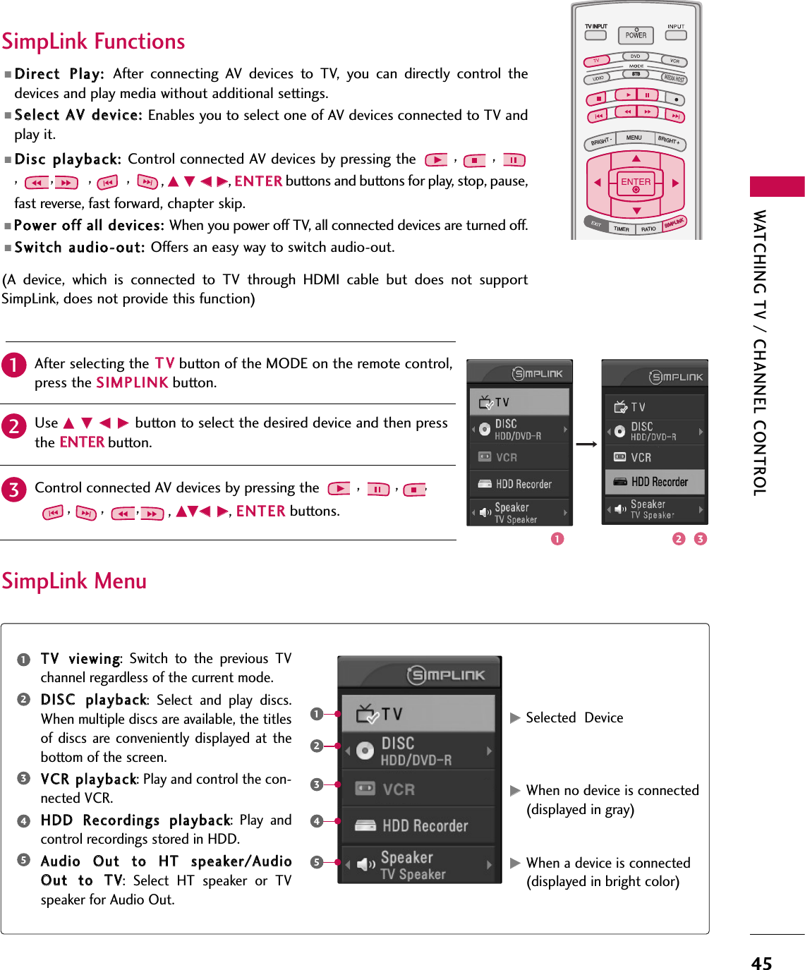 WATCHING TV / CHANNEL CONTROL45TV INPUTSTBBACKPICTURE SOUNDSAPCCMARK USB EJECTMEDIA HOSTTV INPUTTV INPUTSTBSTBMENUBRIGHT +BRIGHT -TIMERRATIOSIMPLINKBACKPICTURE SOUNDSAPCCMARK USB EJECTMEDIA HOSTMEDIA HOSTSIMPLINKSIMPLINK■DDiirreecctt PPllaayy:: After  connecting  AV  devices  to  TV,  you  can  directly  control  thedevices and play media without additional settings.■SSeelleecctt AAVV ddeevviiccee:: Enables you to select one of AV devices connected to TV andplay it.■DDiisscc ppllaayybbaacckk:: Control connected AV devices by pressing the  ,,,, , , , DD EE FF GG, EENNTTEERRbuttons and buttons for play, stop, pause,fast reverse, fast forward, chapter skip.■PPoowweerr ooffff aallll ddeevviicceess:: When you power off TV, all connected devices are turned off.■SSwwiittcchh aauuddiioo--oouutt:: Offers an easy way to switch audio-out.(A  device,  which  is  connected  to  TV  through  HDMI  cable  but  does  not  supportSimpLink, does not provide this function)SimpLink Menu TTVV vviieewwiinngg:  Switch  to  the  previous  TVchannel regardless of the current mode.DDIISSCC ppllaayybbaacckk:  Select  and  play  discs.When multiple discs are available, the titlesof  discs  are  conveniently  displayed at thebottom of the screen.VVCCRR ppllaayybbaacckk: Play and control the con-nected VCR.HHDDDD RReeccoorrddiinnggss ppllaayybbaacckk:  Play  andcontrol recordings stored in HDD.AAuuddiioo OOuutt ttoo HHTT ssppeeaakkeerr//AAuuddiiooOOuutt ttoo TTVV:  Select  HT  speaker  or  TVspeaker for Audio Out.SimpLink Functions12345GGSelected  DeviceGGWhen no device is connected(displayed in gray)GGWhen a device is connected(displayed in bright color)12345After selecting the TTVVbutton of the MODE on the remote control,press the SSIIMMPPLLIINNKKbutton.Use DDEE FFGG button to select the desired device and then pressthe EENNTTEERRbutton.Control connected AV devices by pressing the  , ,      ,,,,, DDEEFF GG, EENNTTEERRbuttons.21321 3