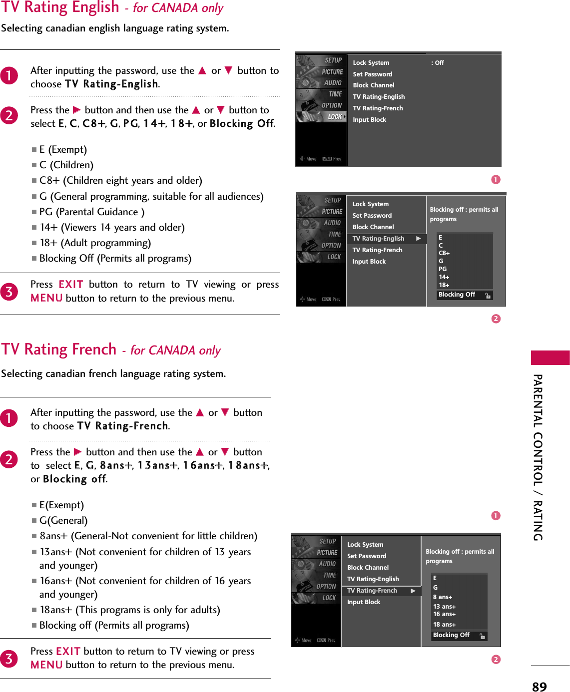 PARENTAL CONTROL / RATING89TV Rating English- for CANADA onlyAfter inputting the password, use the DDor EEbutton tochoose TTVV RRaattiinngg--EEnngglliisshh.Press the GGbutton and then use the DDor EEbutton toselect EE, CC, CC88++, GG, PPGG, 1144++, 1188++, or BBlloocckkiinngg OOffff.■E (Exempt) ■C (Children)■C8+ (Children eight years and older)■G (General programming, suitable for all audiences)■PG (Parental Guidance )■14+ (Viewers 14 years and older)■18+ (Adult programming)■Blocking Off (Permits all programs)Press  EEXXIITTbutton  to  return  to  TV  viewing  or  pressMMEENNUUbutton to return to the previous menu.Selecting canadian english language rating system.TV Rating French- for CANADA onlyAfter inputting the password, use the DDor EEbuttonto choose TTVV RRaattiinngg--FFrreenncchh.Press the GGbutton and then use the DDor EEbuttonto  select EE, GG, 88aannss++, 1133aannss++, 1166aannss++, 1188aannss++,or BBlloocckkiinngg ooffff.■E(Exempt) ■G(General)■8ans+ (General-Not convenient for little children)■13ans+ (Not convenient for children of 13 yearsand younger)■16ans+ (Not convenient for children of 16 yearsand younger)■18ans+ (This programs is only for adults)■Blocking off (Permits all programs)Press EEXXIITTbutton to return to TV viewing or pressMMEENNUUbutton to return to the previous menu.Selecting canadian french language rating system.Lock SystemSet PasswordBlock ChannelTV Rating-English GTV Rating-FrenchInput BlockLock SystemSet PasswordBlock ChannelTV Rating-EnglishTV Rating-French GInput Block231231Blocking off : permits all programsECC8+GPG14+18+Blocking OffBlocking off : permits all programsEG8 ans+13 ans+16 ans+18 ans+Blocking Off1212Lock System                      : OffSet PasswordBlock ChannelTV Rating-EnglishTV Rating-FrenchInput Block