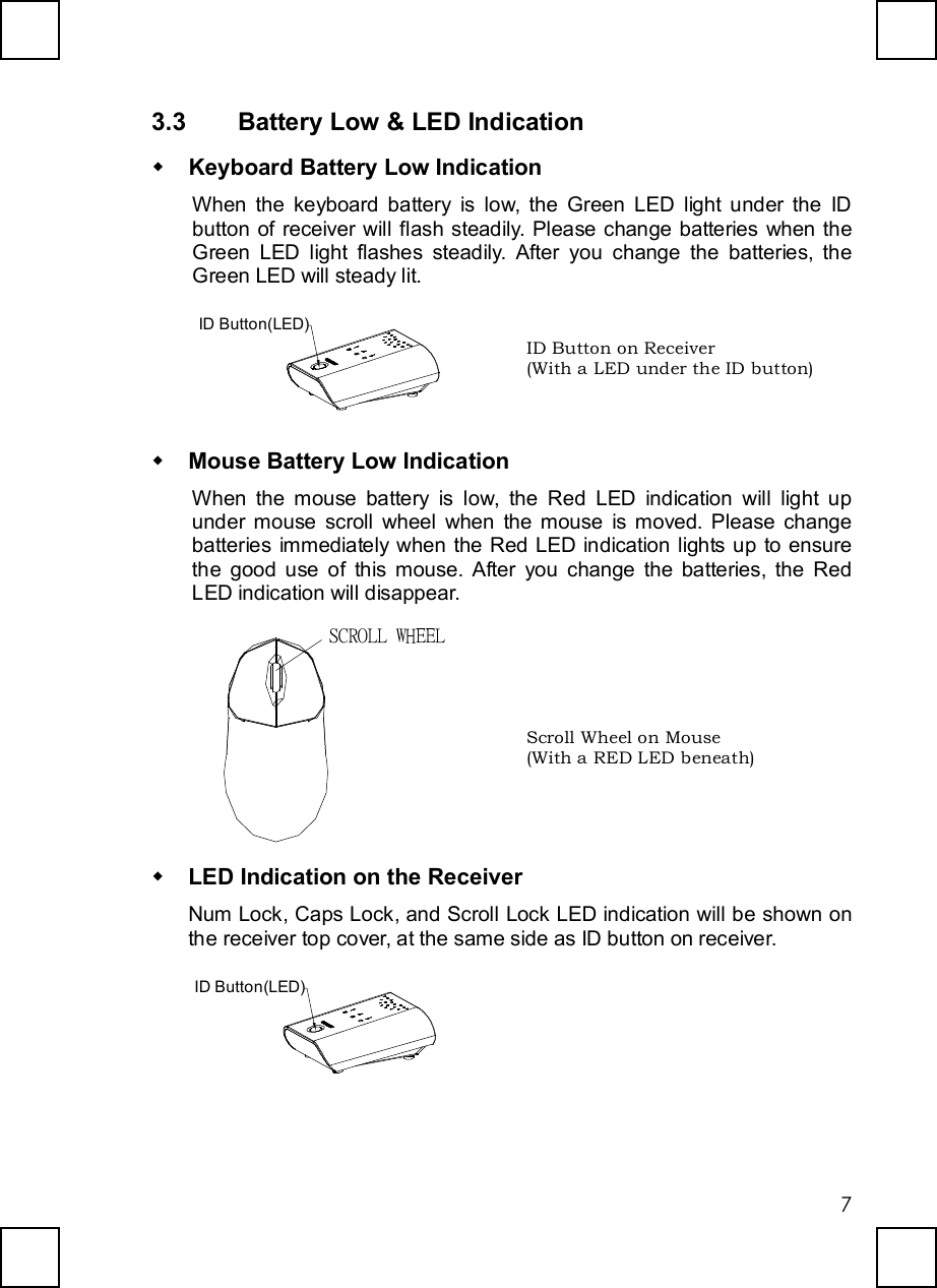   7 3.3  Battery Low &amp; LED Indication w Keyboard Battery Low Indication When the keyboard battery is low, the Green LED light under the ID button of receiver will flash steadily. Please change batteries when the Green LED light flashes steadily. After you change the batteries, the Green LED will steady lit. ID Button(LED) w Mouse Battery Low Indication When the mouse battery is low, the Red LED indication will light up under mouse scroll wheel when the mouse is moved. Please change batteries immediately when the Red LED indication lights up to ensure the good use of this mouse. After you change the batteries, the Red LED indication will disappear. SCROLL WHEEL w LED Indication on the Receiver Num Lock, Caps Lock, and Scroll Lock LED indication will be shown on the receiver top cover, at the same side as ID button on receiver. ID Button(LED) ID Button on Receiver  (With a LED under the ID button) Scroll Wheel on Mouse (With a RED LED beneath) 