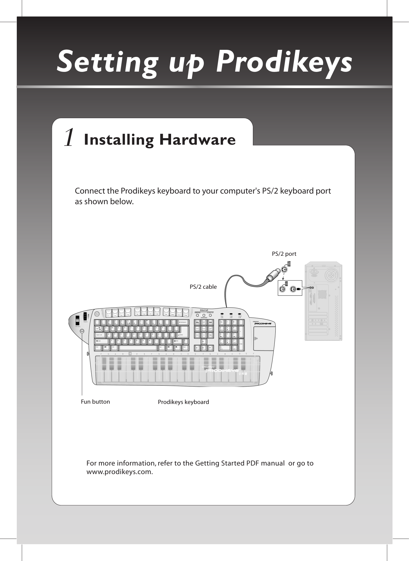 Setting up ProdikeysFor more information, refer to the Getting Started PDF manual  or go to www.prodikeys.com.Installing HardwareConnect the Prodikeys keyboard to your computer&apos;s PS/2 keyboard port as shown below.PS/2 portProdikeys keyboardPS/2 cableFun button1