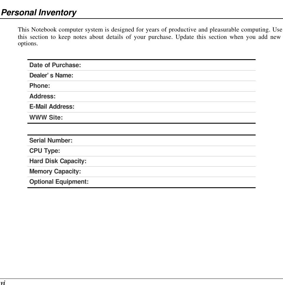  vi Personal Inventory This Notebook computer system is designed for years of productive and pleasurable computing. Use this section to keep notes about details of your purchase. Update this section when you add new options.   Date of Purchase:  Dealer’s Name:   Phone:   Address:   E-Mail Address:  WWW Site:   Serial Number:  CPU Type:  Hard Disk Capacity:  Memory Capacity:  Optional Equipment:      