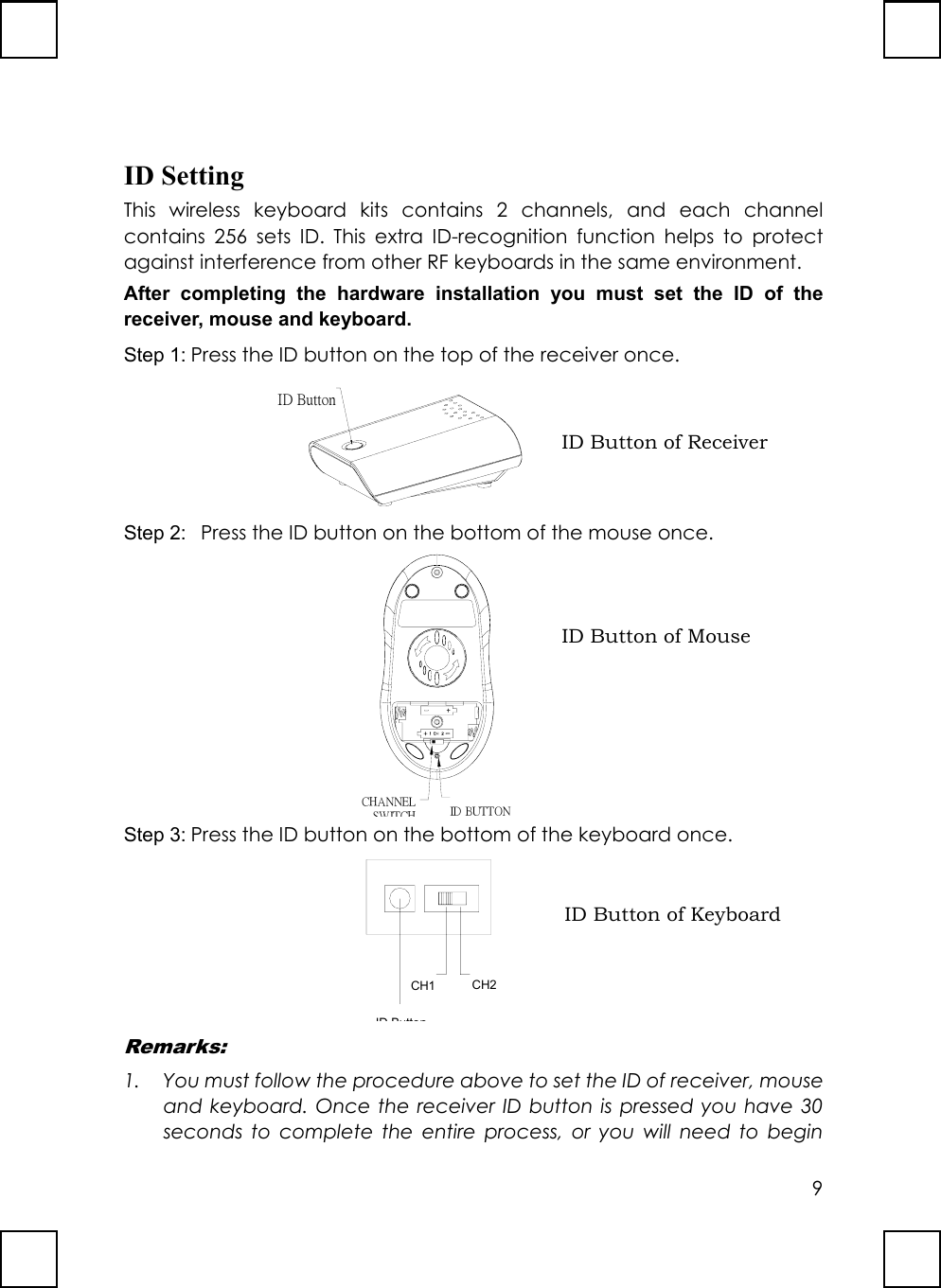 9ID SettingThis wireless keyboard kits contains 2 channels, and each channelcontains 256 sets ID. This extra ID-recognition function helps to protectagainst interference from other RF keyboards in the same environment.After completing the hardware installation you must set the ID of thereceiver, mouse and keyboard.Step 1: Press the ID button on the top of the receiver once.  ID ButtonStep 2:   Press the ID button on the bottom of the mouse once. CHANNEL SWITCHID BUTTONStep 3: Press the ID button on the bottom of the keyboard once.ID ButtonCH1 CH2Remarks:1. You must follow the procedure above to set the ID of receiver, mouseand keyboard. Once the receiver ID button is pressed you have 30seconds to complete the entire process, or you will need to beginID Button of ReceiverID Button of MouseID Button of Keyboard