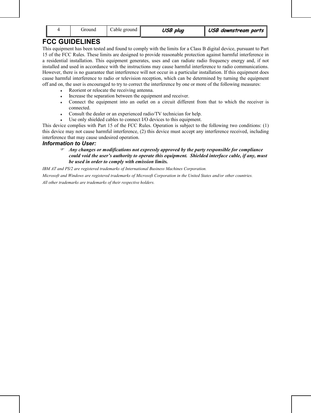        4 Ground Cable groundUUSSBB  pplluugg  UUSSBB  ddoowwnnssttrreeaamm  ppoorrttss  FCC GUIDELINES This equipment has been tested and found to comply with the limits for a Class B digital device, pursuant to Part 15 of the FCC Rules. These limits are designed to provide reasonable protection against harmful interference in a residential installation. This equipment generates, uses and can radiate radio frequency energy and, if not installed and used in accordance with the instructions may cause harmful interference to radio communications. However, there is no guarantee that interference will not occur in a particular installation. If this equipment does cause harmful interference to radio or television reception, which can be determined by turning the equipment off and on, the user is encouraged to try to correct the interference by one or more of the following measures: ♦  Reorient or relocate the receiving antenna. ♦  Increase the separation between the equipment and receiver. ♦  Connect the equipment into an outlet on a circuit different from that to which the receiver is connected. ♦  Consult the dealer or an experienced radio/TV technician for help. ♦  Use only shielded cables to connect I/O devices to this equipment. This device complies with Part 15 of the FCC Rules. Operation is subject to the following two conditions: (1) this device may not cause harmful interference, (2) this device must accept any interference received, including interference that may cause undesired operation. Information to User:  Any changes or modifications not expressly approved by the party responsible for compliance could void the user’s authority to operate this equipment.  Shielded interface cable, if any, must be used in order to comply with emission limits. IBM AT and PS/2 are registered trademarks of International Business Machines Corporation. Microsoft and Windows are registered trademarks of Microsoft Corporation in the United States and/or other countries. All other trademarks are trademarks of their respective holders. 