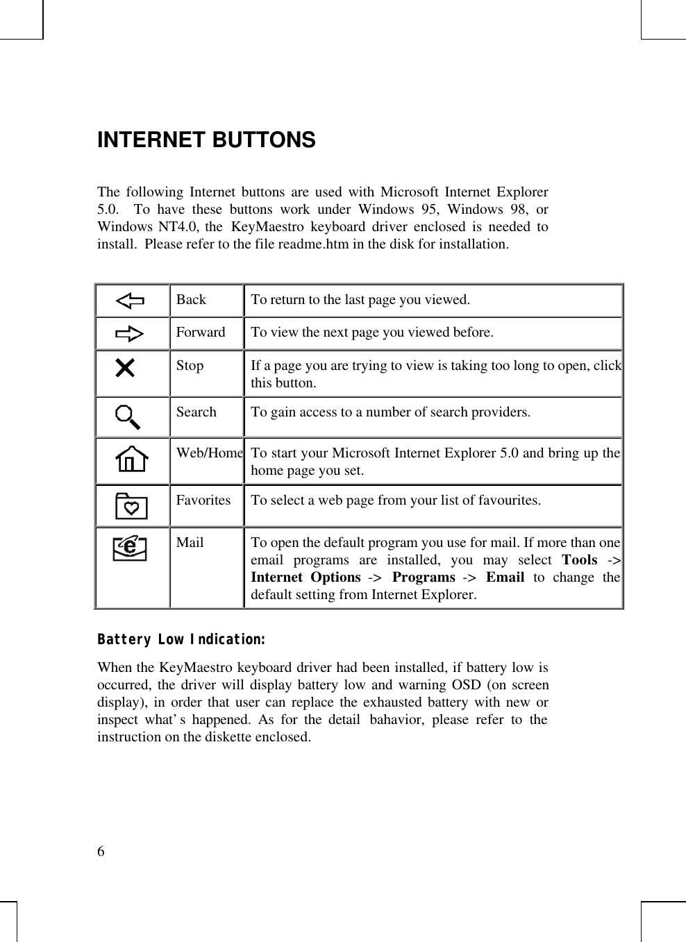 6INTERNET BUTTONSThe following Internet buttons are used with Microsoft Internet Explorer5.0.  To have these buttons work under Windows 95, Windows 98, orWindows NT4.0, the  KeyMaestro keyboard driver enclosed is needed toinstall.  Please refer to the file readme.htm in the disk for installation.Back To return to the last page you viewed.Forward To view the next page you viewed before.Stop If a page you are trying to view is taking too long to open, clickthis button.Search To gain access to a number of search providers.Web/HomeTo start your Microsoft Internet Explorer 5.0 and bring up thehome page you set.Favorites To select a web page from your list of favourites.     Mail To open the default program you use for mail. If more than oneemail programs are installed, you may select Tools -&gt;Internet Options -&gt;  Programs -&gt;  Email to change thedefault setting from Internet Explorer.Battery Low Indication:When the KeyMaestro keyboard driver had been installed, if battery low isoccurred, the driver will display battery low and warning OSD (on screendisplay), in order that user can replace the exhausted battery with new orinspect what’s happened. As for the detail  bahavior, please refer to theinstruction on the diskette enclosed.