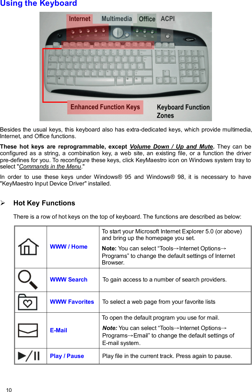      10 Using the Keyboard  Besides the usual keys, this keyboard also has extra-dedicated keys, which provide multimedia, Internet, and Office functions.  These hot keys are reprogrammable, except  Volume Down / Up and Mute.  They can be configured as a string, a combination key, a web site, an existing file, or a function the driver pre-defines for you. To reconfigure these keys, click KeyMaestro icon on Windows system tray to select &quot;Commands in the Menu.&quot; In order to use these keys under Windows® 95 and Windows® 98, it is necessary to have &quot;KeyMaestro Input Device Driver&quot; installed. Ø Hot Key Functions There is a row of hot keys on the top of keyboard. The functions are described as below:  WWW / Home  To start your Microsoft Internet Explorer 5.0 (or above) and bring up the homepage you set. Note: You can select “Tools→Internet Options→ Programs” to change the default settings of Internet Browser.  WWW Search  To gain access to a number of search providers.   WWW Favorites To select a web page from your favorite lists  E-Mail To open the default program you use for mail. Note: You can select “Tools→Internet Options→ Programs→Email” to change the default settings of E-mail system.  Play / Pause  Play file in the current track. Press again to pause. 