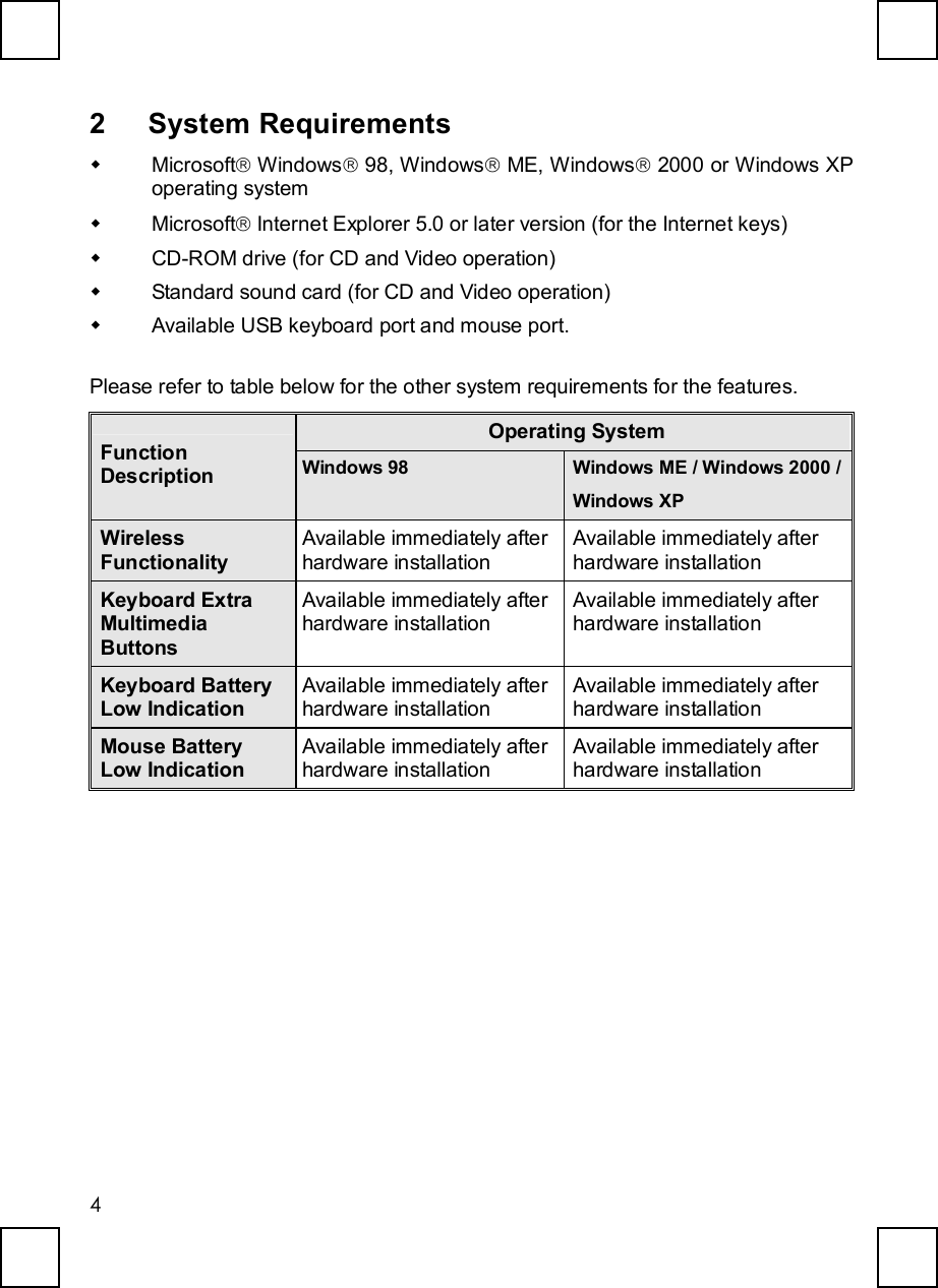   42 System Requirements w Microsoftâ Windowsâ 98, Windowsâ ME, Windowsâ 2000 or Windows XP operating system w Microsoftâ Internet Explorer 5.0 or later version (for the Internet keys) w CD-ROM drive (for CD and Video operation) w Standard sound card (for CD and Video operation) w Available USB keyboard port and mouse port. Please refer to table below for the other system requirements for the features. Operating System Function Description  Windows 98  Windows ME / Windows 2000 / Windows XP Wireless Functionality Available immediately after hardware installation Available immediately after hardware installation Keyboard Extra Multimedia Buttons Available immediately after hardware installation Available immediately after hardware installation Keyboard Battery Low Indication Available immediately after hardware installation Available immediately after hardware installation Mouse Battery Low Indication Available immediately after hardware installation Available immediately after hardware installation 