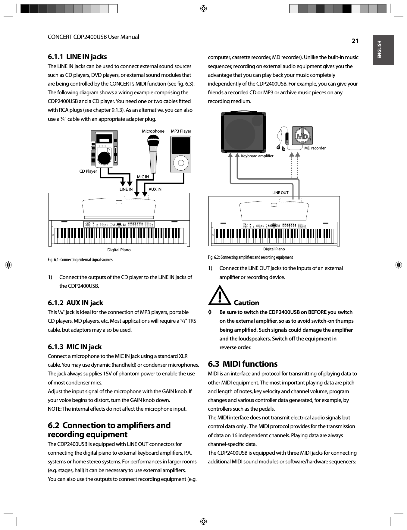 ENGLISHCONCERT CDP2400USB User Manual  21LINE IN jacks6.1.1  The LINE IN jacks can be used to connect external sound sources such as CD players, DVD players, or external sound modules that are being controlled by the CONCERT’s MIDI function (see ﬁ g. 6.3). The following diagram shows a wiring example comprising the CDP2400USB and a CD player. You need one or two cables ﬁ tted with RCA plugs (see chapter 9.1.3). As an alternative, you can also use a ¼&quot; cable with an appropriate adapter plug.Fig. 6.1: Connecting external signal sourcesConnect the outputs of the CD player to the LINE IN jacks of 1) the CDP2400USB.AUX IN jack6.1.2  This /&quot; jack is ideal for the connection of MP3 players, portable CD players, MD players, etc. Most applications will require a /&quot; TRS cable, but adaptors may also be used.MIC IN jack6.1.3  Connect a microphone to the MIC IN jack using a standard XLR cable. You may use dynamic (handheld) or condenser microphones. The jack always supplies 15V of phantom power to enable the use of most condenser mics. Adjust the input signal of the microphone with the GAIN knob. If your voice begins to distort, turn the GAIN knob down. NOTE: The internal eﬀ ects do not aﬀ ect the microphone input. Connection to ampliﬁ ers and 6.2  recording equipmentThe CDP2400USB is equipped with LINE OUT connectors for connecting the digital piano to external keyboard ampliﬁ ers, P.A. systems or home stereo systems. For performances in larger rooms (e.g. stages, hall) it can be necessary to use external ampliﬁ ers.You can also use the outputs to connect recording equipment (e.g. computer, cassette recorder, MD recorder). Unlike the built-in music sequencer, recording on external audio equipment gives you the advantage that you can play back your music completely independently of the CDP2400USB. For example, you can give your friends a recorded CD or MP3 or archive music pieces on any recording medium.Fig. 6.2: Connecting ampliﬁ ers and recording equipmentConnect the LINE OUT jacks to the inputs of an external 1) ampliﬁ er or recording device.Caution !Be sure to switch the CDP2400USB on BEFORE you switch ◊ ◊ on the external ampliﬁ er, so as to avoid switch-on thumps being ampliﬁ ed. Such signals could damage the ampliﬁ er and the loudspeakers. Switch oﬀ   the equipment in reverse order.MIDI functions6.3  MIDI is an interface and protocol for transmitting of playing data to other MIDI equipment. The most important playing data are pitch and length of notes, key velocity and channel volume, program changes and various controller data generated, for example, by controllers such as the pedals.The MIDI interface does not transmit electrical audio signals but control data only . The MIDI protocol provides for the transmission of data on 16 independent channels. Playing data are always channel-speciﬁ c data.The CDP2400USB is equipped with three MIDI jacks for connecting additional MIDI sound modules or software/hardware sequencers:CD PlayerLINE INMIC INAUX INDigital PianoMicrophone MP3 PlayerLINE OUTDigital PianoMD recorderKeyboard ampliﬁer