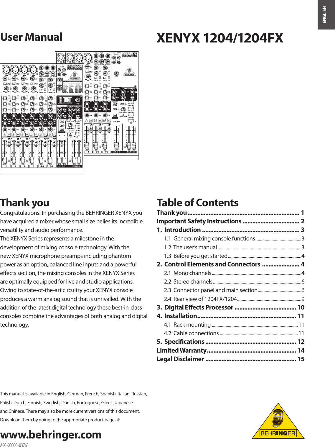 Behringer Xenyx 1204 Fx User Manual