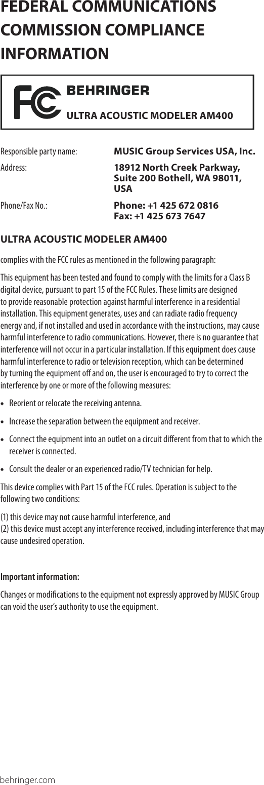 Page 3 of 3 - Behringer AM400 User Manual  To The A87115be-d7fb-4c73-b5d7-4f0f937e83c8