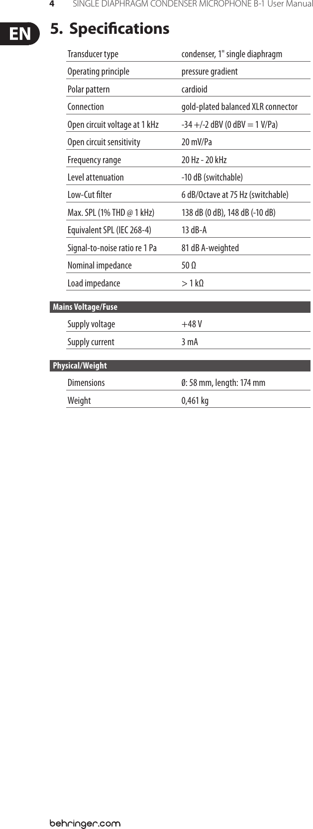Page 4 of 5 - Behringer Behringer-B-1-Users-Manual- B-1 Behringer-b-1-users-manual
