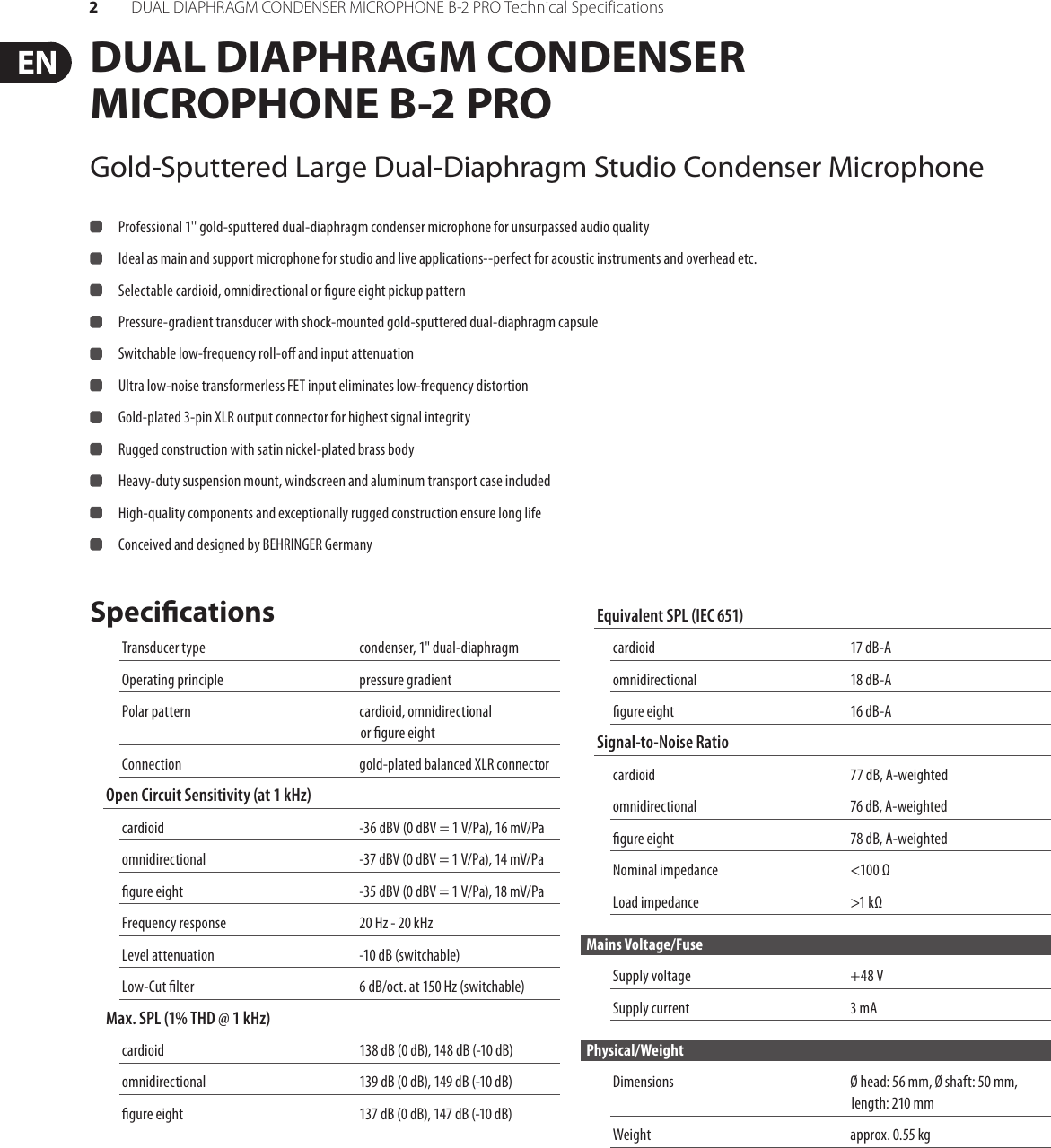 Page 2 of 3 - Behringer Behringer-B-2-Pro-Specification-Sheet- B-2 PRO  Behringer-b-2-pro-specification-sheet