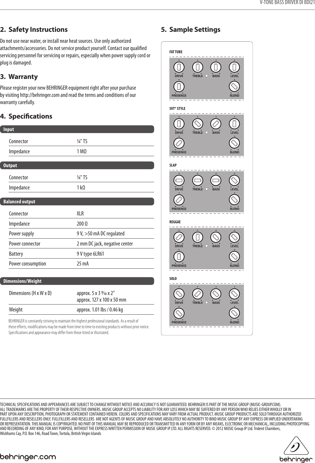 Page 2 of 2 - Behringer Behringer-Bass-Amp-er-Direct-Recording-Preamp-Di-Box-Bdi21-Users-Manual- V-TONE BASS DRIVER DI BDI21  Behringer-bass-amp-er-direct-recording-preamp-di-box-bdi21-users-manual