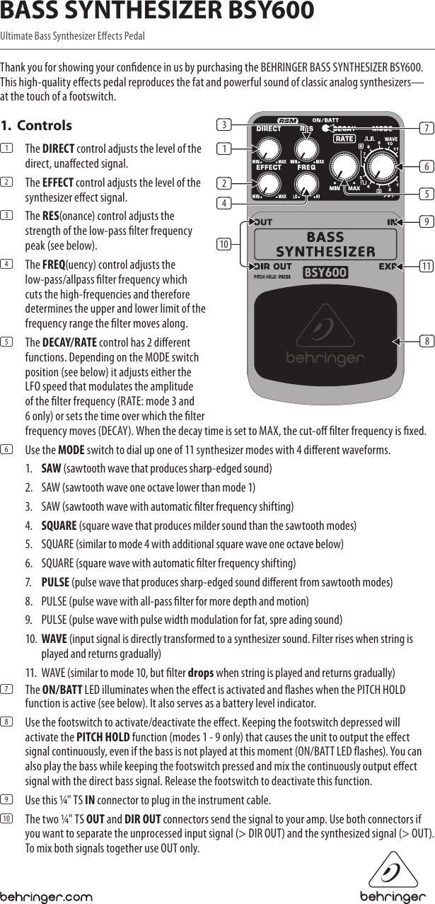 Page 1 of 2 - Behringer Behringer-Bass-Synthesizer-Bs-Y600-Users-Manual- BASS SYNTHESIZER BSY600  Behringer-bass-synthesizer-bs-y600-users-manual