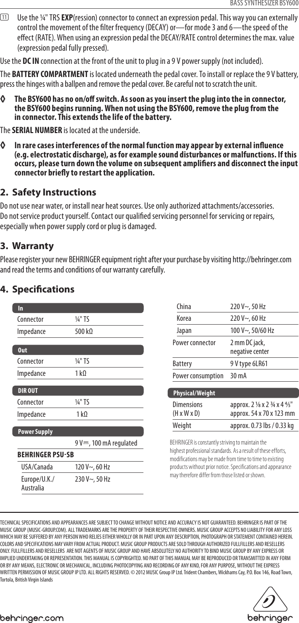 Page 2 of 2 - Behringer Behringer-Bass-Synthesizer-Bs-Y600-Users-Manual- BASS SYNTHESIZER BSY600  Behringer-bass-synthesizer-bs-y600-users-manual