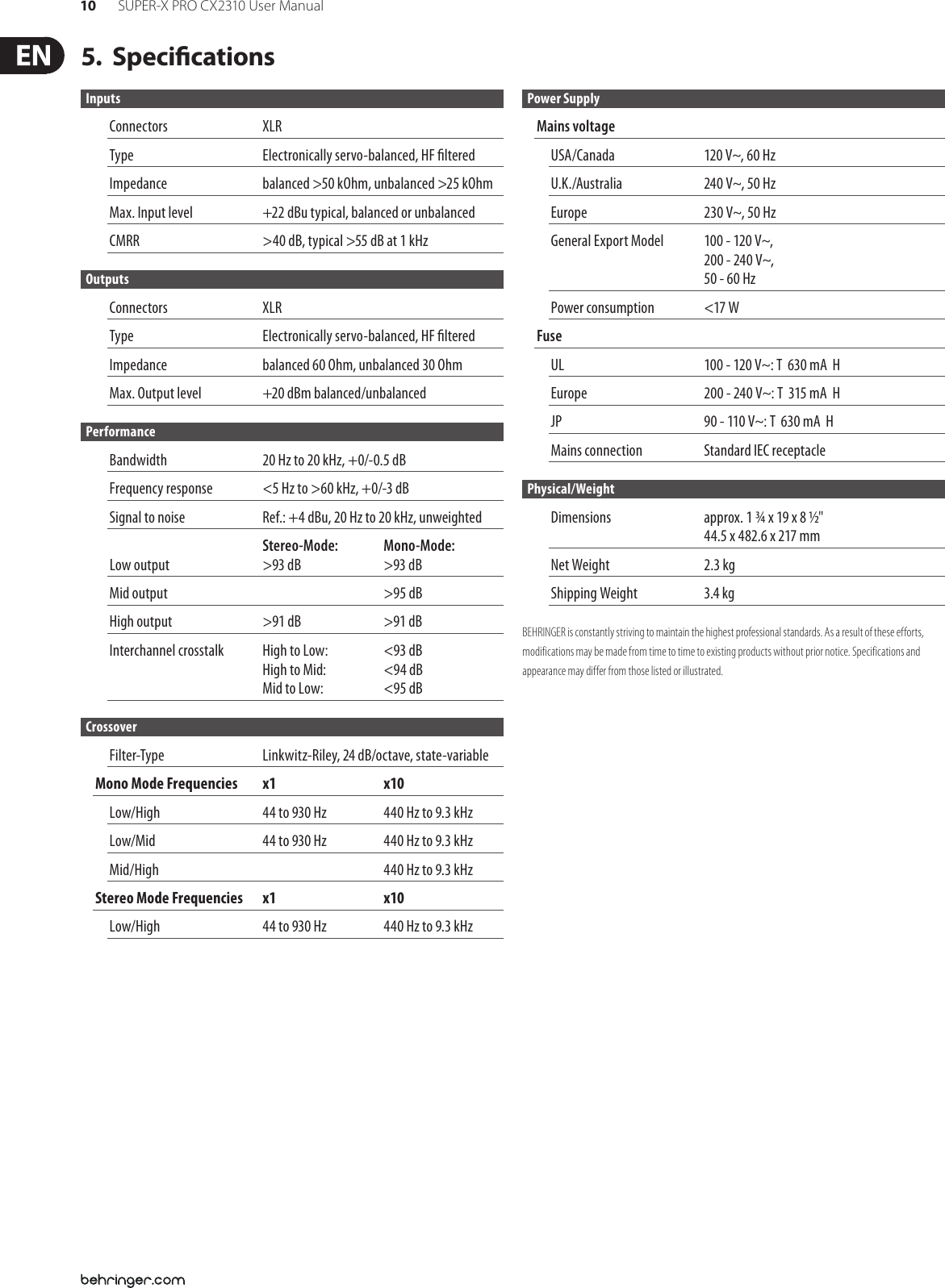 Page 10 of 11 - Behringer Behringer-Behringer-Music-Mixer-Super-X-Pro-Cx2310-Users-Manual- SUPER-X PRO CX2310  Behringer-behringer-music-mixer-super-x-pro-cx2310-users-manual