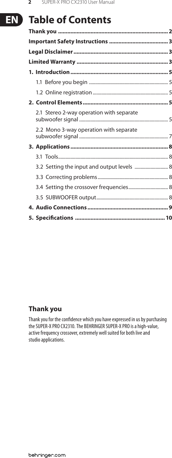 Page 2 of 11 - Behringer Behringer-Behringer-Music-Mixer-Super-X-Pro-Cx2310-Users-Manual- SUPER-X PRO CX2310  Behringer-behringer-music-mixer-super-x-pro-cx2310-users-manual