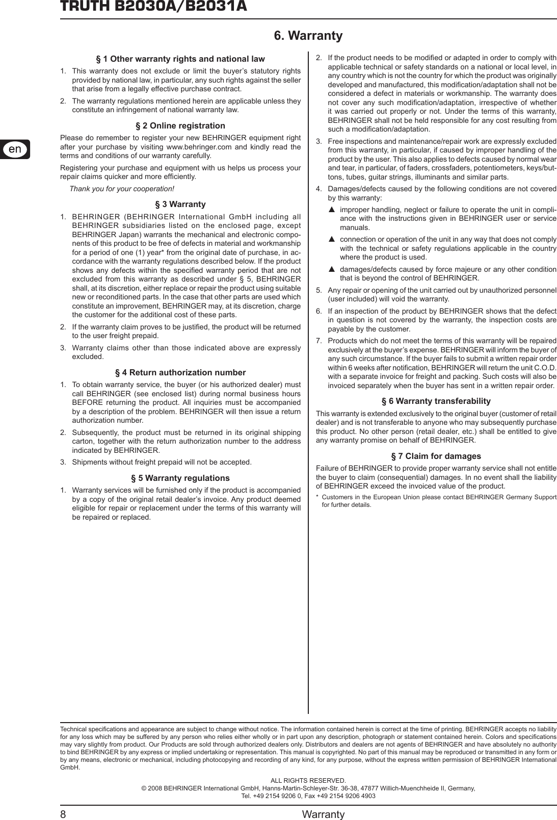 Page 8 of 8 - Behringer Behringer-Behringer-Speaker-B2031A-Users-Manual- Behringer-behringer-speaker-b2031a-users-manual