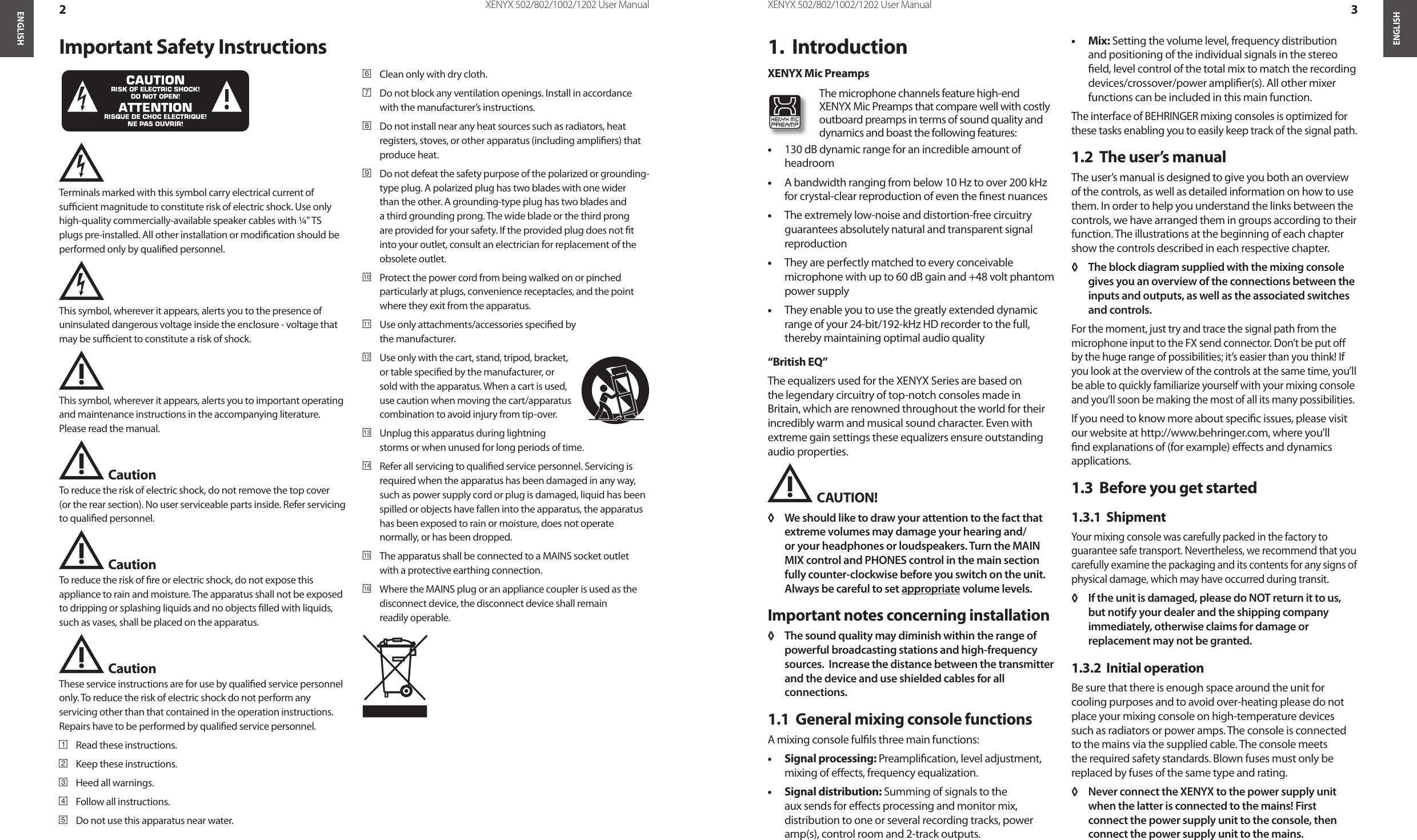 Page 2 of 8 - Behringer Behringer-Behringer-Stereo-Amplifier-1002-Users-Manual- XENYX 502/802/1002/1202 Behringer-behringer-stereo-amplifier-1002-users-manual