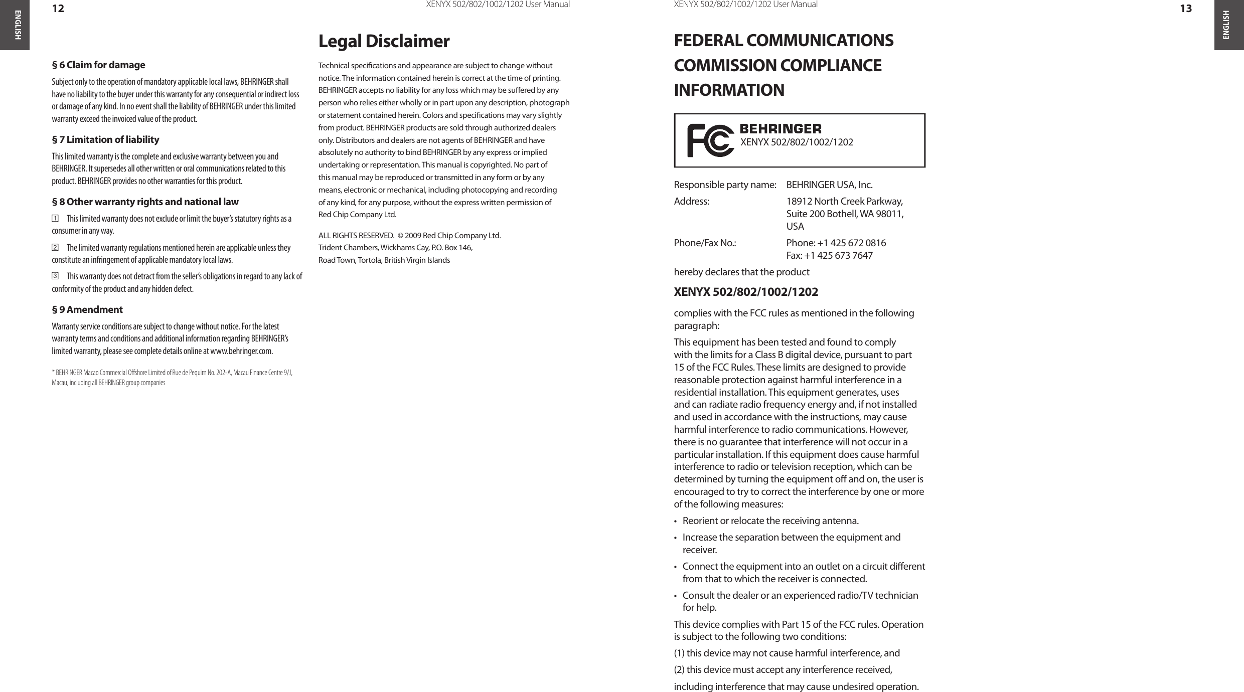 Page 7 of 8 - Behringer Behringer-Behringer-Stereo-Amplifier-1002-Users-Manual- XENYX 502/802/1002/1202 Behringer-behringer-stereo-amplifier-1002-users-manual
