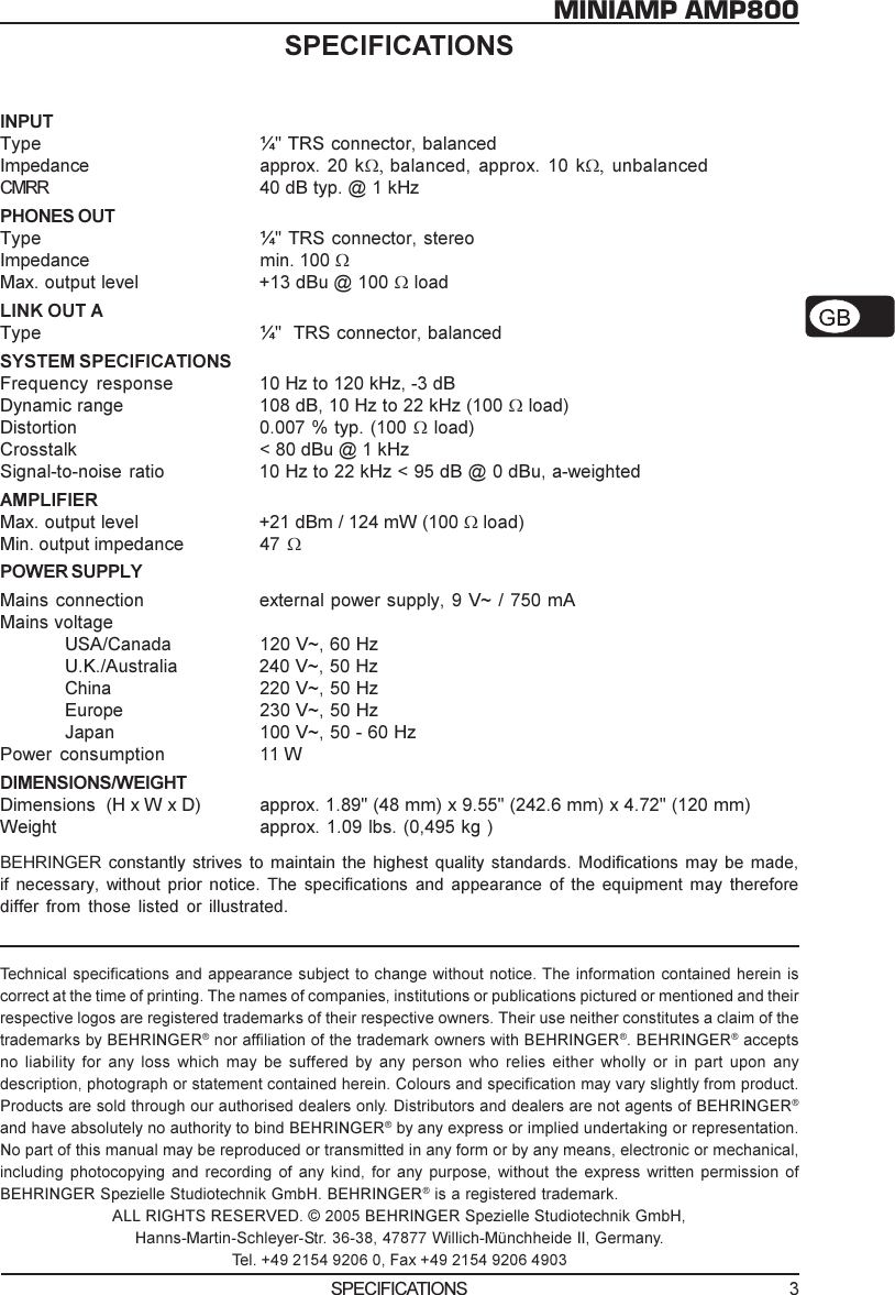 Page 3 of 3 - Behringer Behringer-Behringer-Stereo-Amplifier-Amp800-Users-Manual- AMP800_Tech_Info_Rev_A.pmd  Behringer-behringer-stereo-amplifier-amp800-users-manual