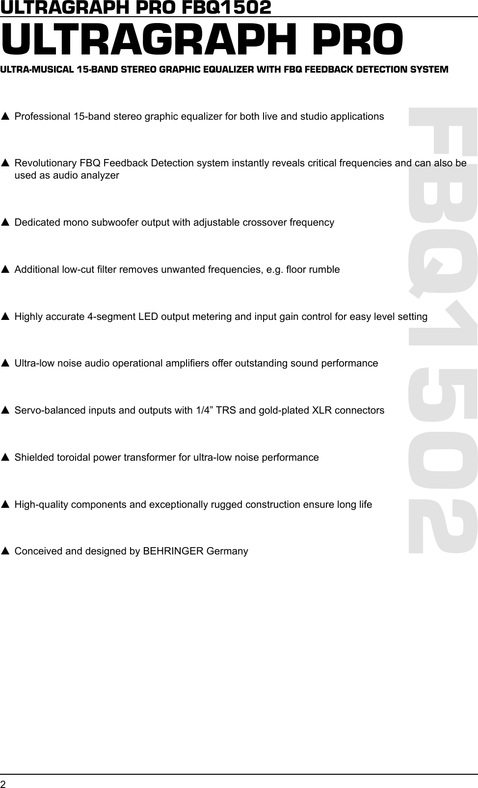 Page 2 of 5 - Behringer Behringer-Behringer-Stereo-Equalizer-Fbq1502-Users-Manual- FBQ1502_SPECS_Rev_B.pmd  Behringer-behringer-stereo-equalizer-fbq1502-users-manual