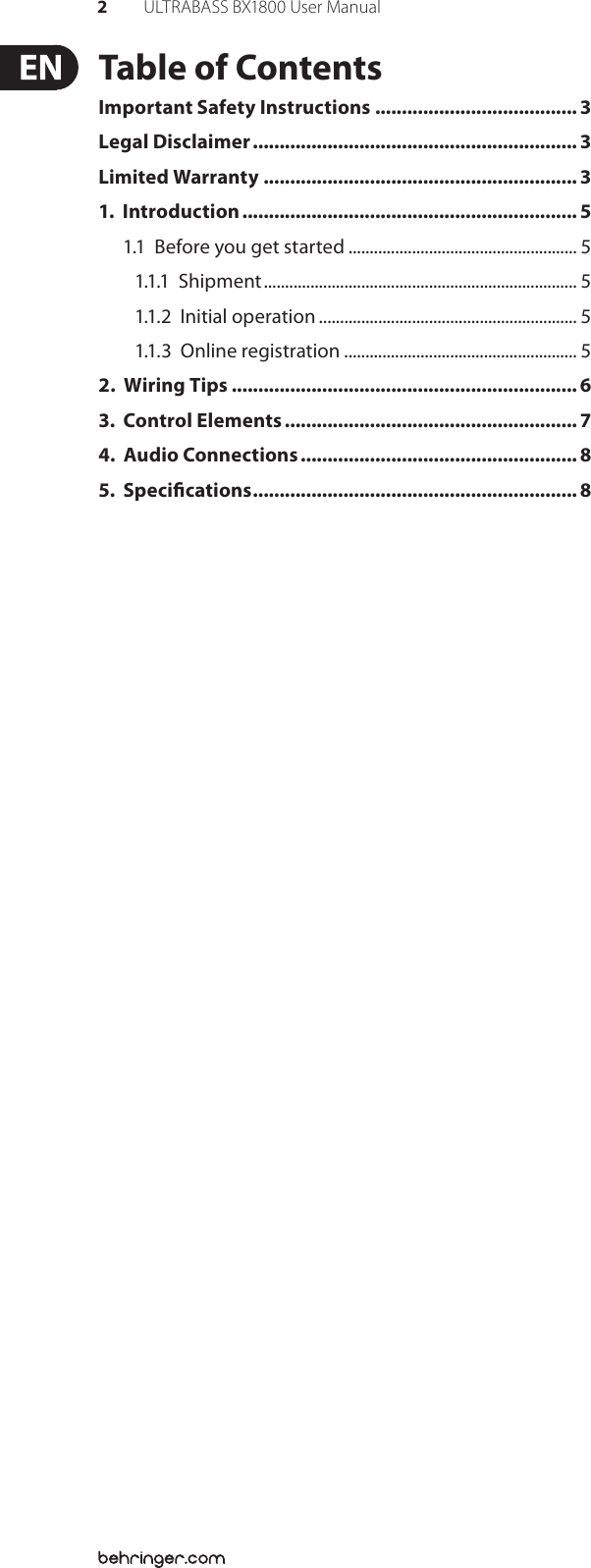 Page 2 of 9 - Behringer Behringer-Bx1800-Users-Manual- P0409 (BX1800) Behringer-bx1800-users-manual