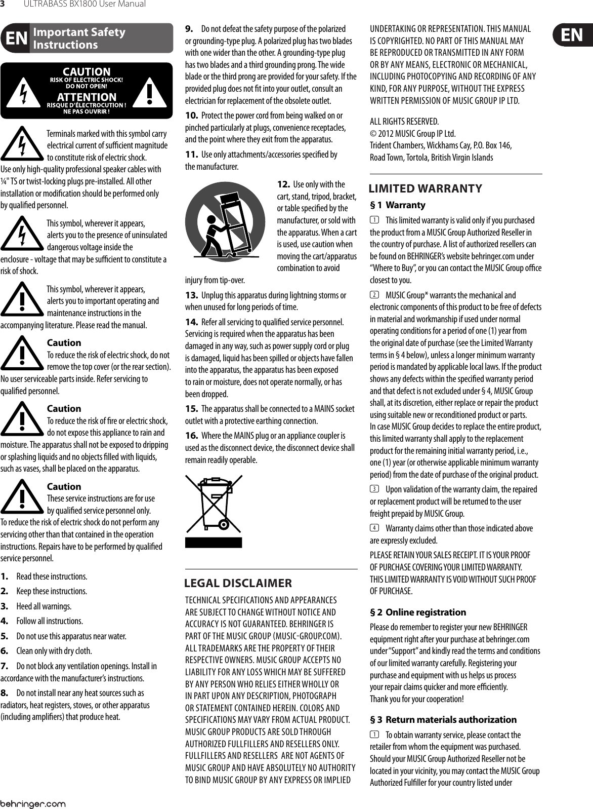 Page 3 of 9 - Behringer Behringer-Bx1800-Users-Manual- P0409 (BX1800) Behringer-bx1800-users-manual